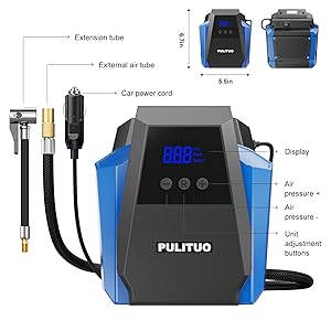 PULITUO Tire Inflator Portable Air Compressor - Car Accessories 12V DC Air Pump for Car Tires with Digital Pressure Gauge, Emergency LED Light for Wheel, Bike, Ball, Motor