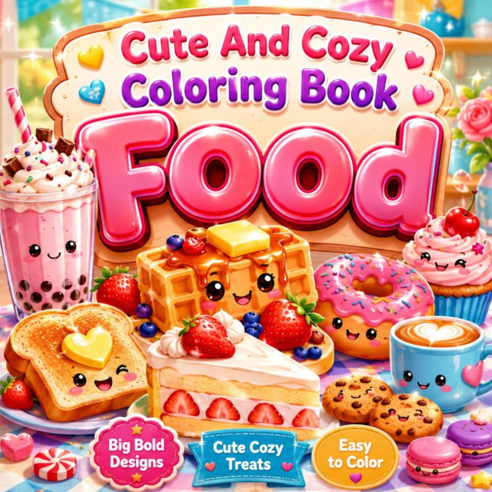 Cute And Cozy Coloring Book Food: Cute and Easy Food Coloring Book with Sweet Snacks, Cozy Dessert Pages, Big Bold Simple Designs, and Relaxing Kawaii Coloring Fun