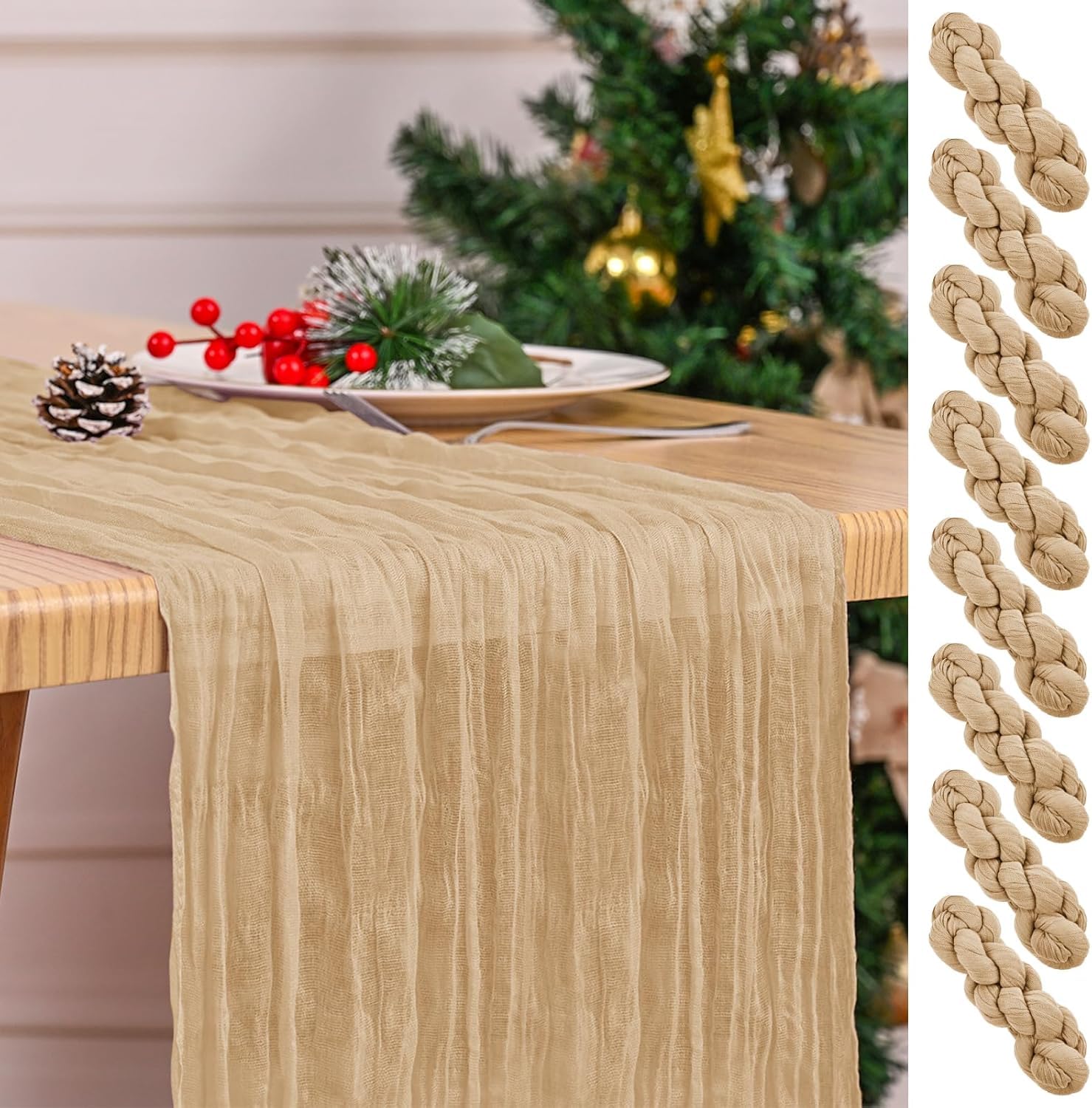 8 Pack Beige Table Runner 17 x 108inch Cheesecloth Table Runner Boho Gauze Table Runners for Dining Table Rustic Sheer Fabric Table Runners for Wedding Party Bridal Shower Spring