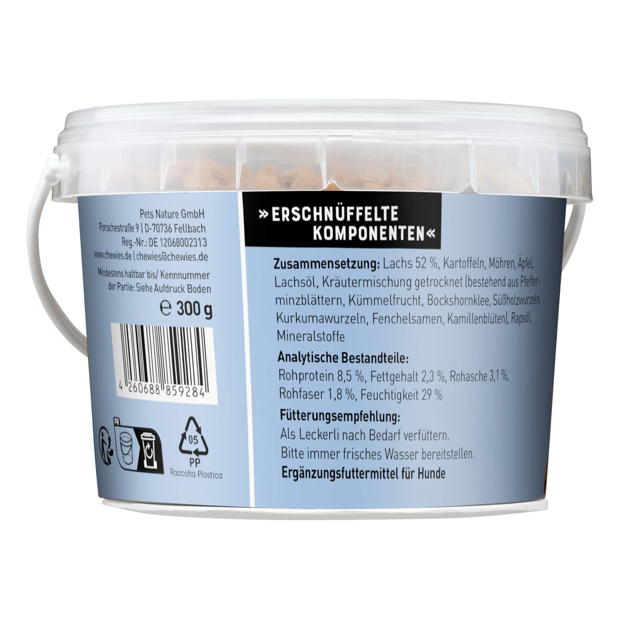 Chewies Proteine per cani salmone, senza cereali, morbide e senza zucchero, in un secchio richiudibile, prodotto in Germania (8 x 300 g)