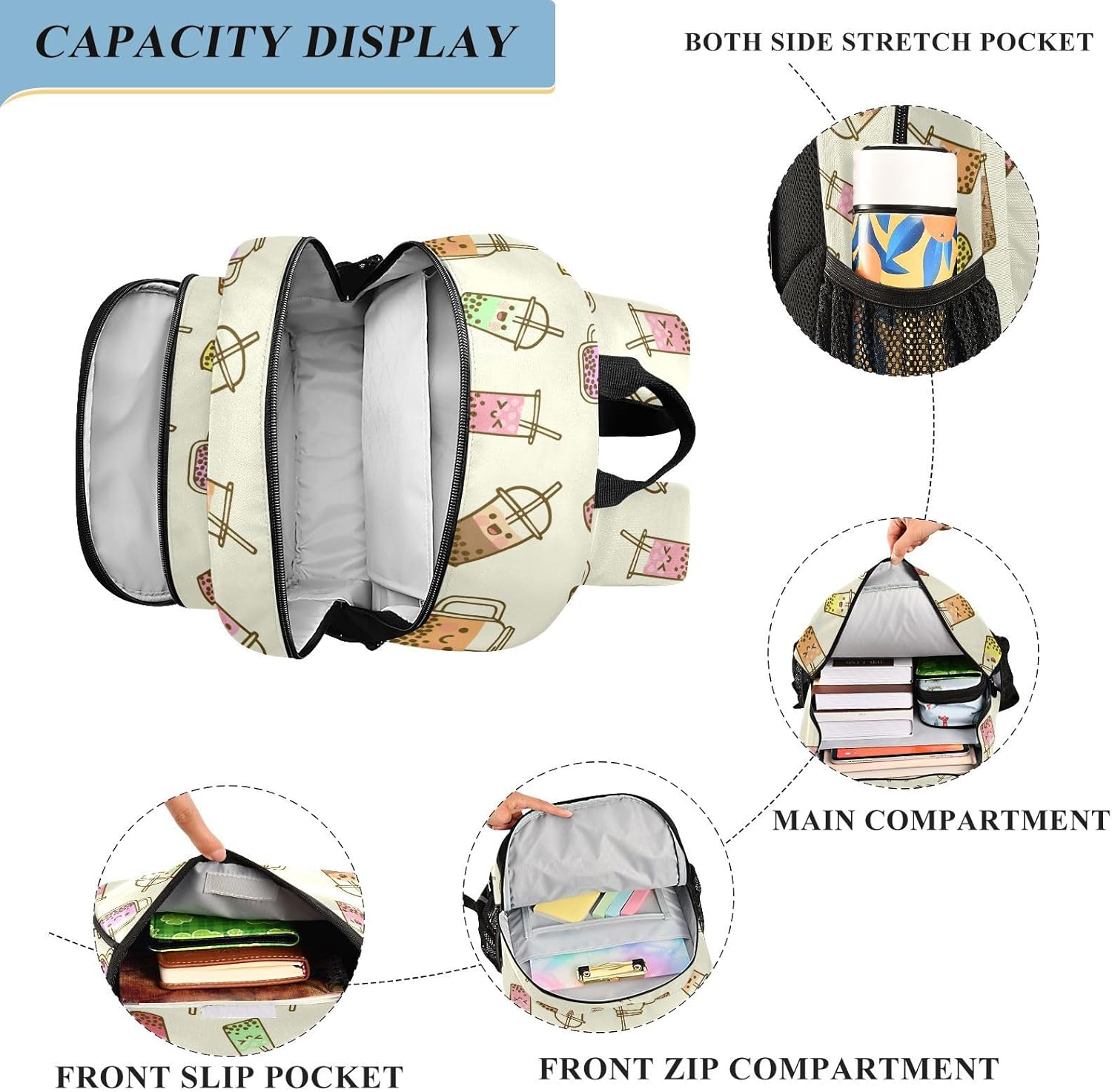 Bubble Milk Tea Funny Backpack Girls Boys Elementary School Bags Bookbags Laptop Backpack Travel Daypack Safe Reflective Stripes