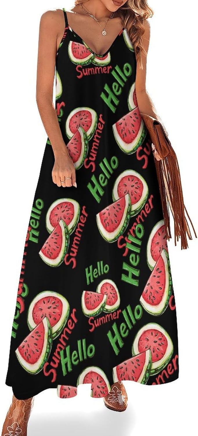 Watermelon Maxi Dresses for Women V Neck Long Dress Sundress Spaghetti Straps Beach Dress