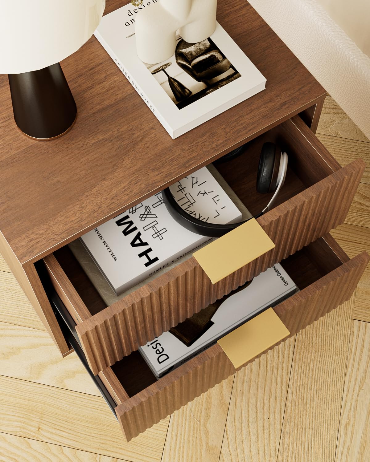HEYZOEY Nachttisch, Nachtschrank mit 2 Schubladen, Modern Nachtkästchen, Boho Nachtkommode für Schlafzimmer, Wohnzimmer,Nussbaum