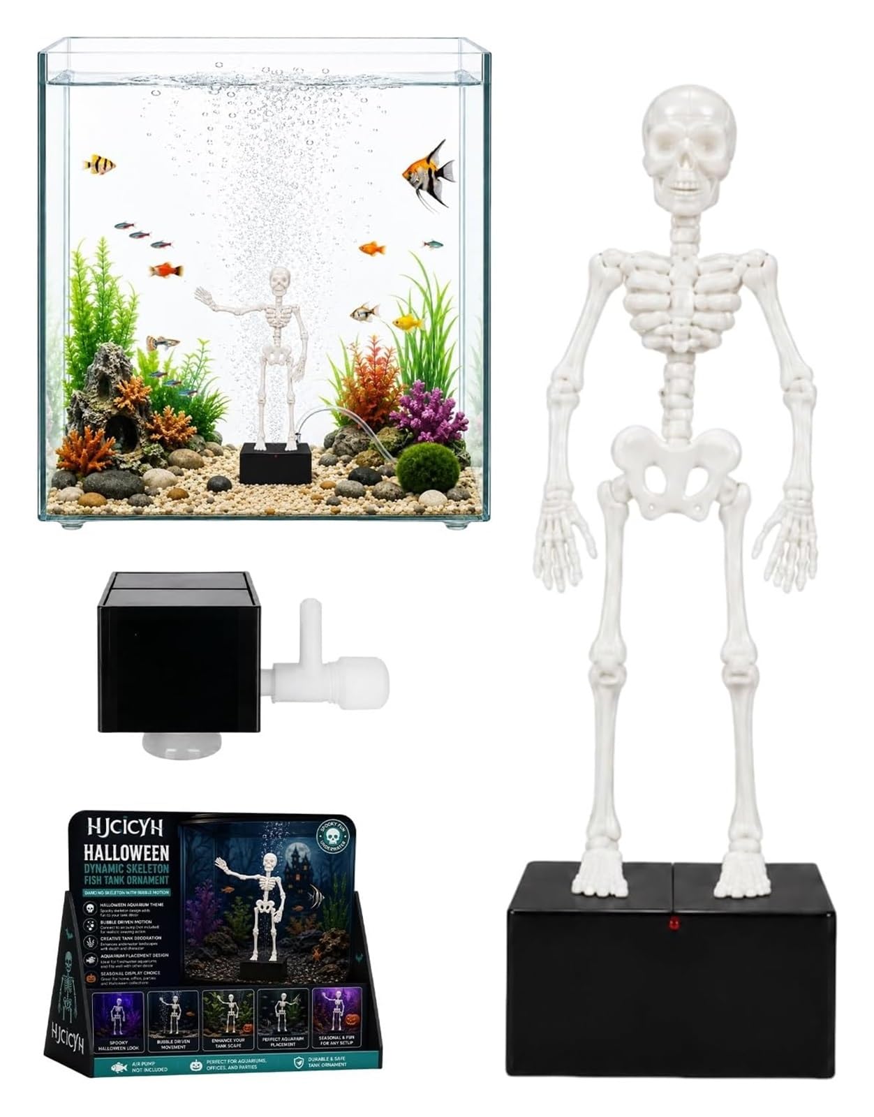 Anglocrate L Halloween Dynamic Skeleton Fish Tank Ornament | Dancing Skeletons Aquarium Bubbler Decoration, Creative 3D Printed Air-Powered Moving Skul Oxygenating Underwater Décor(L)
