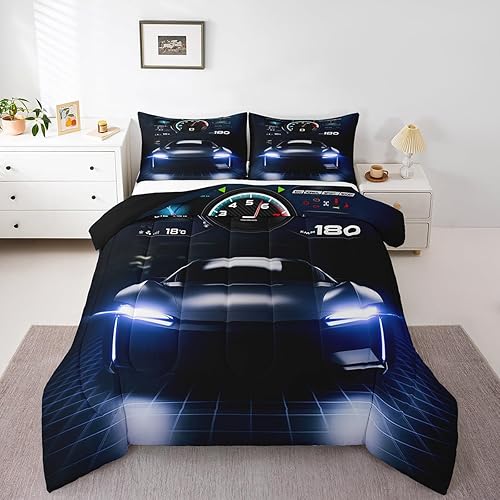 Miniatura 1 de Erosebridal Juego de edredón de auto de carreras para adolescentes, tamaño matrimonial, juego de edredón de coche de carreras de velocidad, juego de