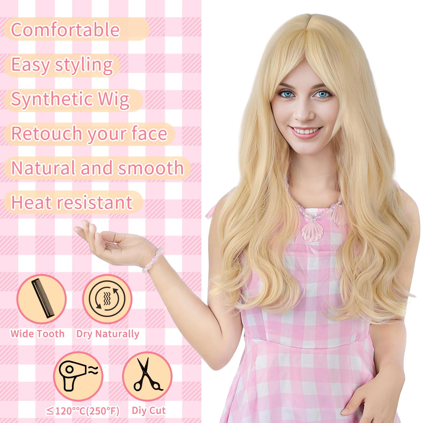 Parrucca Bionda Donna,Lunga Parrucca Donna,Lungo Ondulato Parrucche Bionda per le Donne con Retina per Capelli e Fiocco,Cosplay Lunga Capelli Ricci Della Signora Di Modo Festa Parrucche | Lungo Ondulato Parrucche Bionda per le Donne con Retina per Capelli