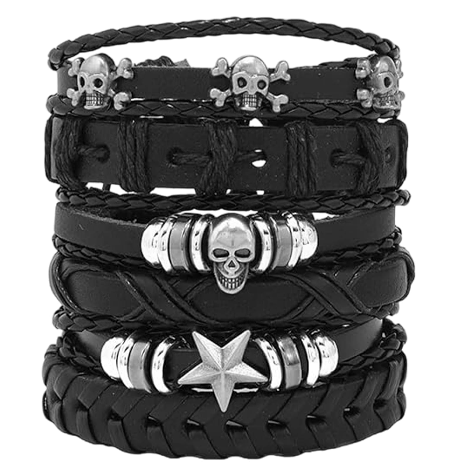 MR BAEQ 6 Piezas Pulsera de Cuero Punk Unisex, Personalidad Retro Tejida Pulsera de Traje de Cuero Multicapa, Brazalete Gótico con Tachuelas, Fiestas Temáticas, Conciertos de Rock y Cosplay