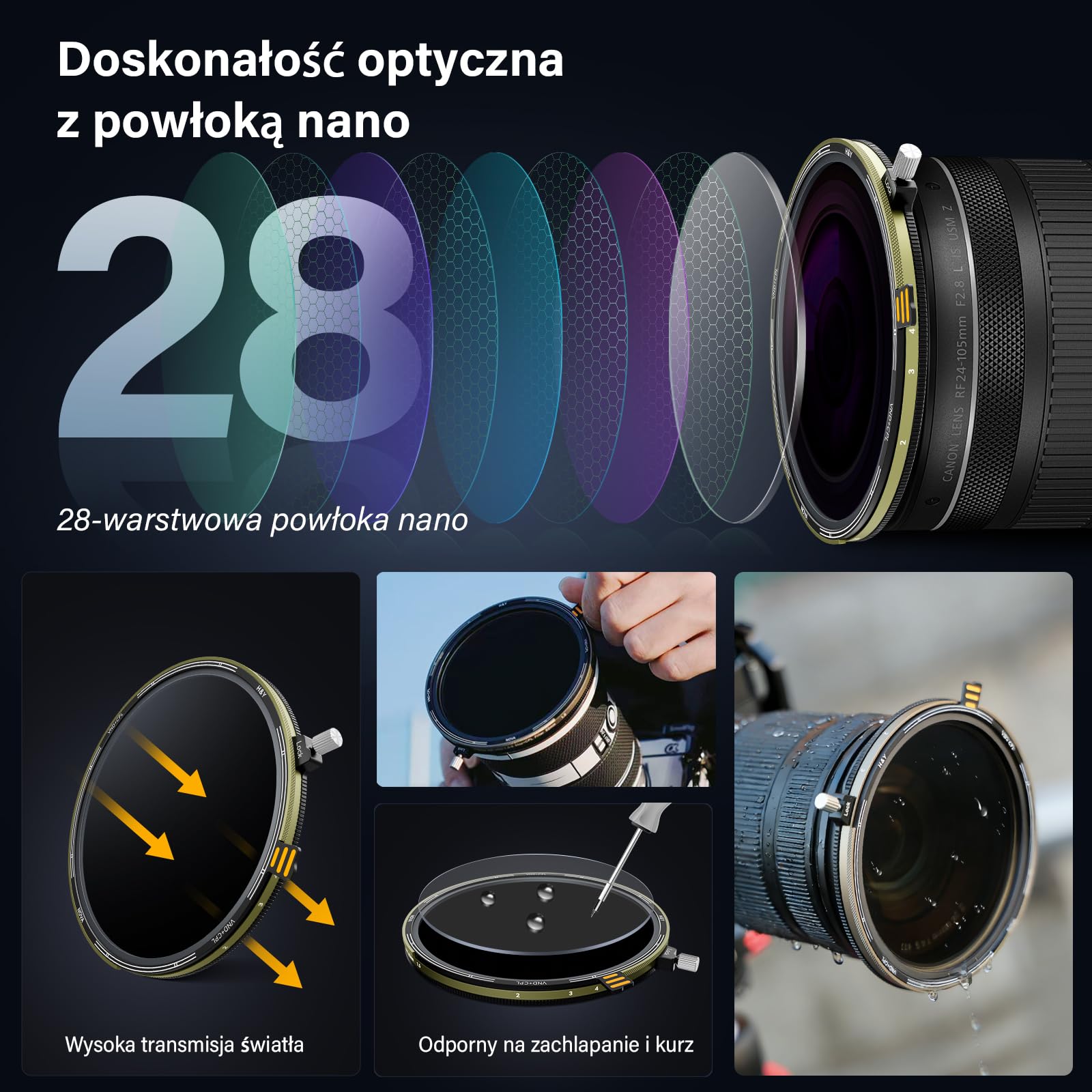 H&Y Nova Filtr magnetyczny ND3-32 o zmiennej gęstości z filtrem CPL 77 mm 2 w 1 (1,5-5 stopni) i filtrem polaryzacyjnym kołowym. Szkło optyczne HD German, wielowarstwowa powłoka nano, NVD-77