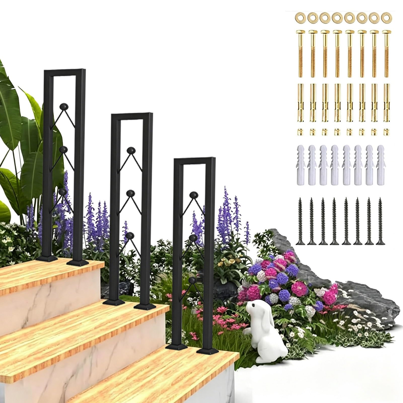 Outdoor Stair Railing Handrail U-Shaped Hand Rails for Concrete Steps or Wooden Stairs Grab Rails, Floor Mount Porch Deck Handrail Fit 1 Steps