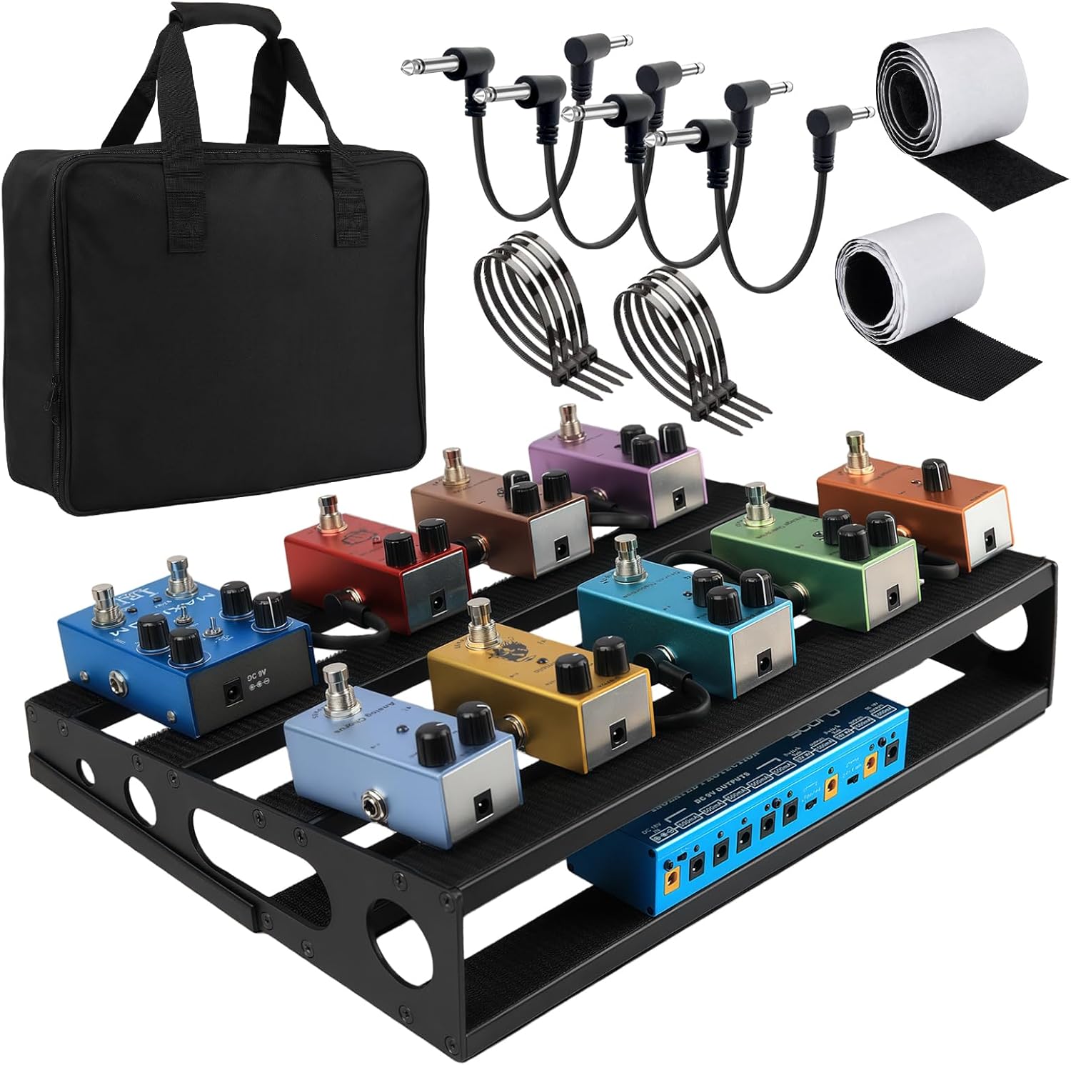 Guitar Pedal Board with Power Supply Tray, 15.7x12.2x3.1", Metal Bass Pedal Stand Black Effects Pedalboards with 4 Pcs 6 Inch Guitar Pedal Cable, Carrying Bag, Adhesive Hookside Tape(Angled)