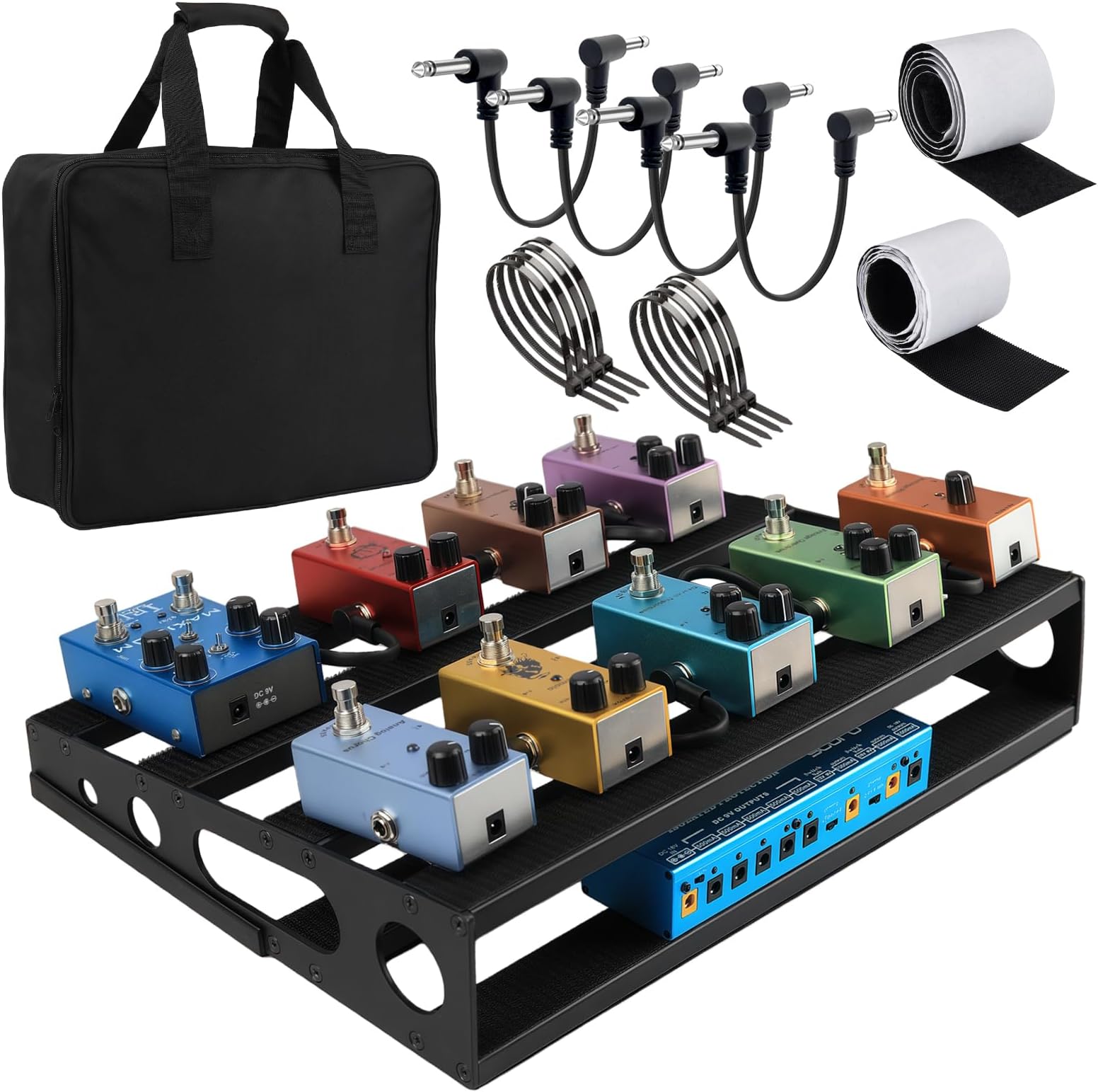 Guitar Pedal Board with Power Supply Tray, 15.7x12.2x3.1", Metal Bass Pedal Stand Black Effects Pedalboards with 4 Pcs 6 Inch Guitar Pedal Cable, Carrying Bag, Adhesive Hookside Tape(Angled)