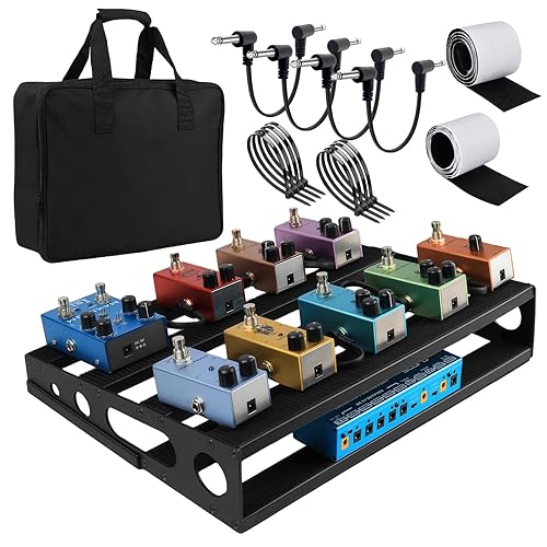 GOGHOST Guitar Pedal Board with Power Supply Tray, 15.7x12.2x3.1", Metal Bass Pedal Stand Black Effects Pedalboards with 4 Pcs 6 Inch Guitar Pedal Cable, Carrying Bag, Adhesive Hookside Tape(Angled)