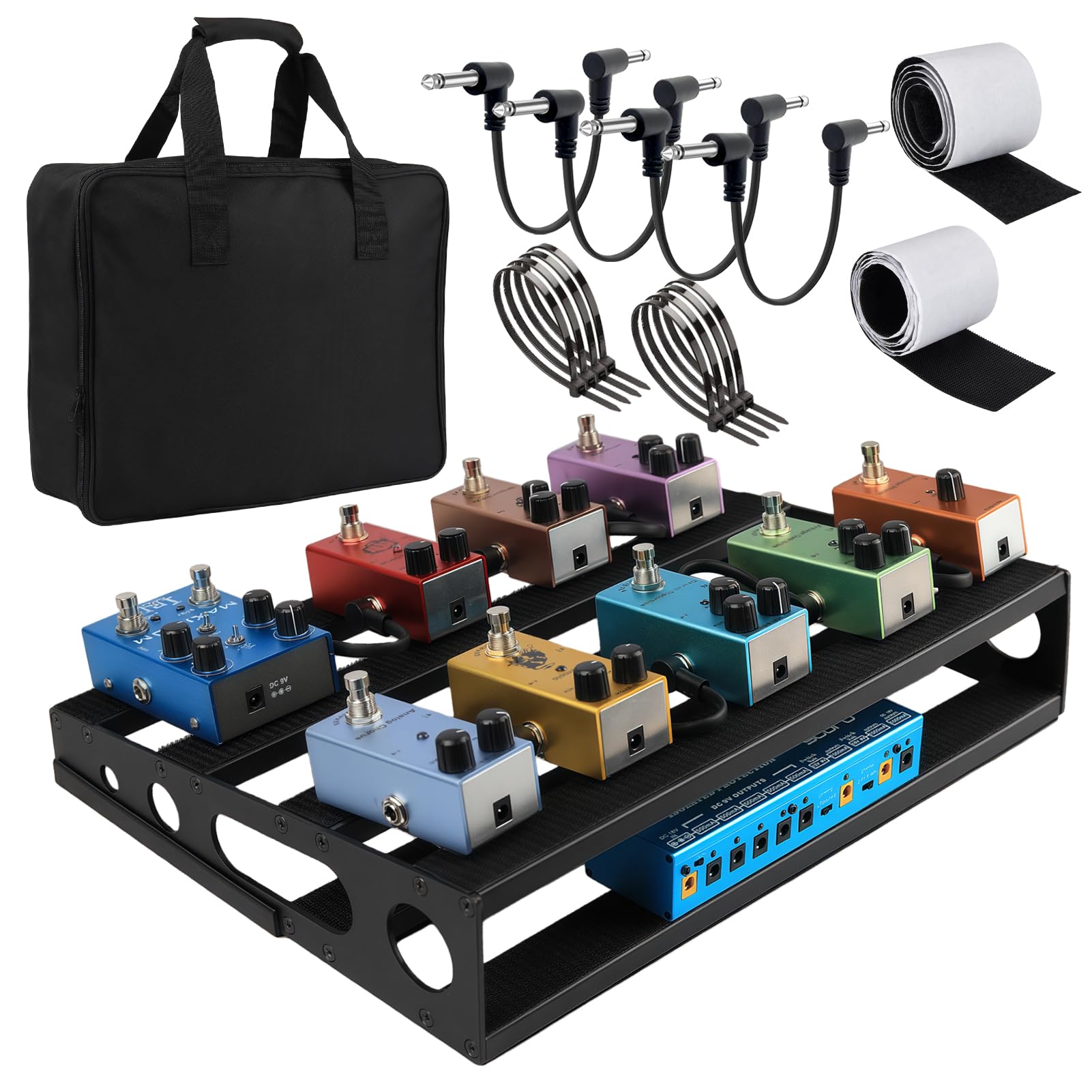 Photo 1 of GOGHOST Guitar Pedal Board with Power Supply Tray, 15.7x12.2x3.1", Metal Bass Pedal Stand Black Effects Pedalboards with 4 Pcs 6 Inch Guitar Pedal Cable, Carrying Bag, Adhesive Hookside Tape(Angled)