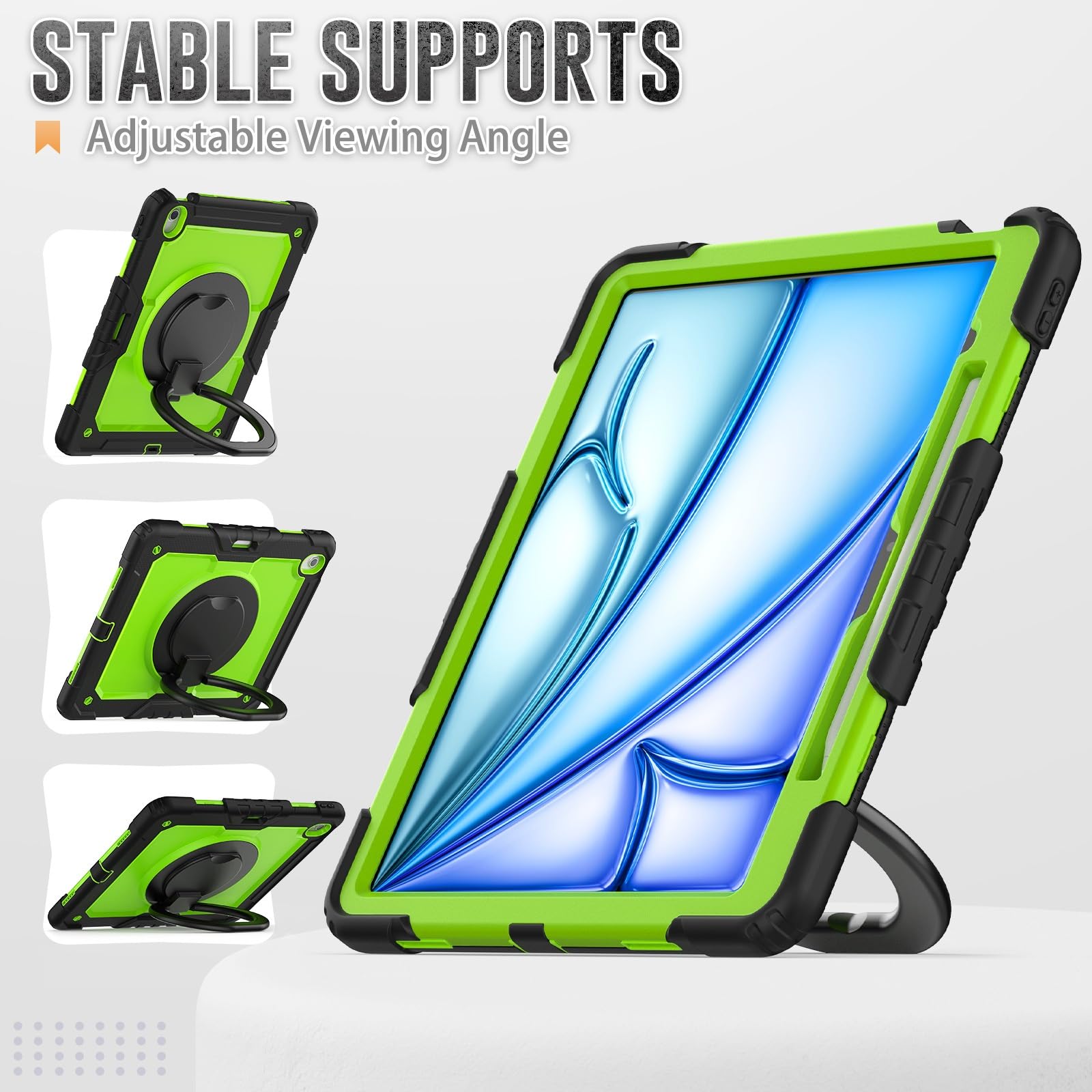 Kompatybilny z iPad Air 13 cali M2 2024 Etui ochronne na całą obudowę uchwytem ołówek i ochraniaczem ekranu, wytrzymała, solidna obudowa obrotowym silikonowym(Yellow Green 2)