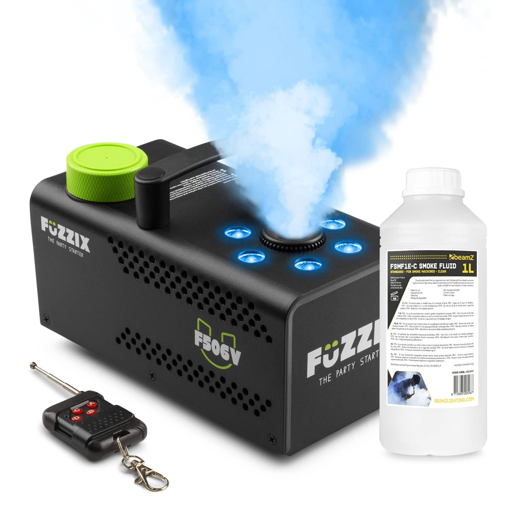 Fuzzix F506V – Máquina de humo vertical profesional con 6 LEDs RGB, función estrobo, mando a distancia inalámbrico, 1L de líquido incluido, ideal para fiestas, eventos y espectáculos