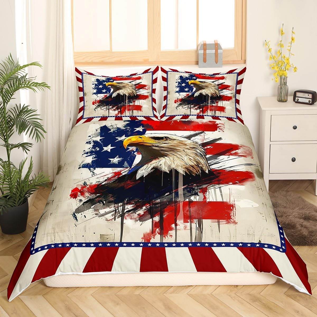 Feelyou American Flag Duvet Cover Toddler, Eagle Bedding Set Toddler Boys Girls 4th of July Comforter Cover Independence Day Bedspread Cover Kids Room Decor 2Pcs with 1 Pillow Case (No Comforter)