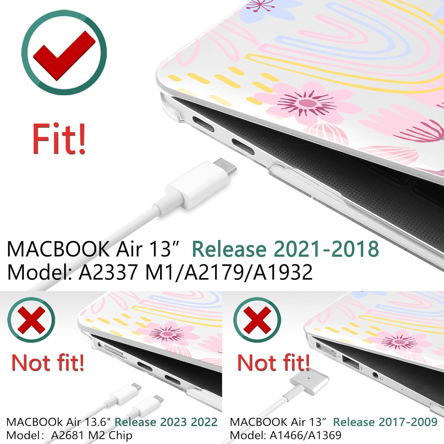 TWOLSKOO for MacBook Air 13.3 inch Case 2021 2020 2019 2018 Release M1 A2337 A2179 A1932 with Touch ID, Plastic Hard Shell Case & Keyboard Cover & Type C Adapter, Floral Spring - Image 8