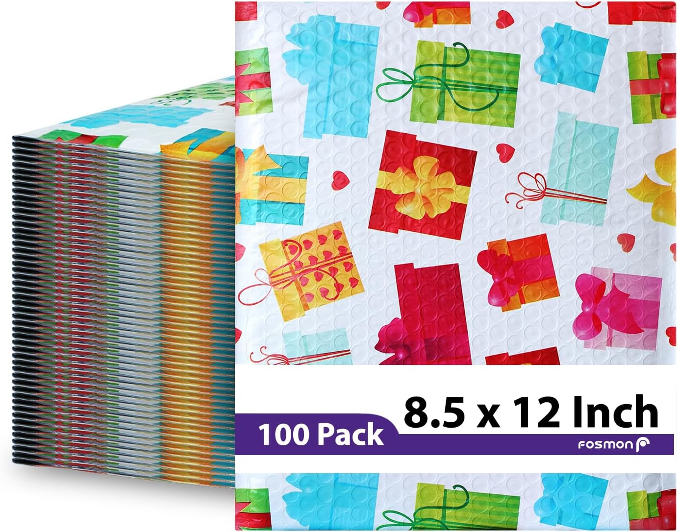Fosmon #2 Gift Poly Bubble Mailer 8.5 x 12 inches (50 Pack), Lightweight Water/Dust/Shock/Tear Resistant Padded Shipping Envelopes - Birthday, Celebrations, Holiday