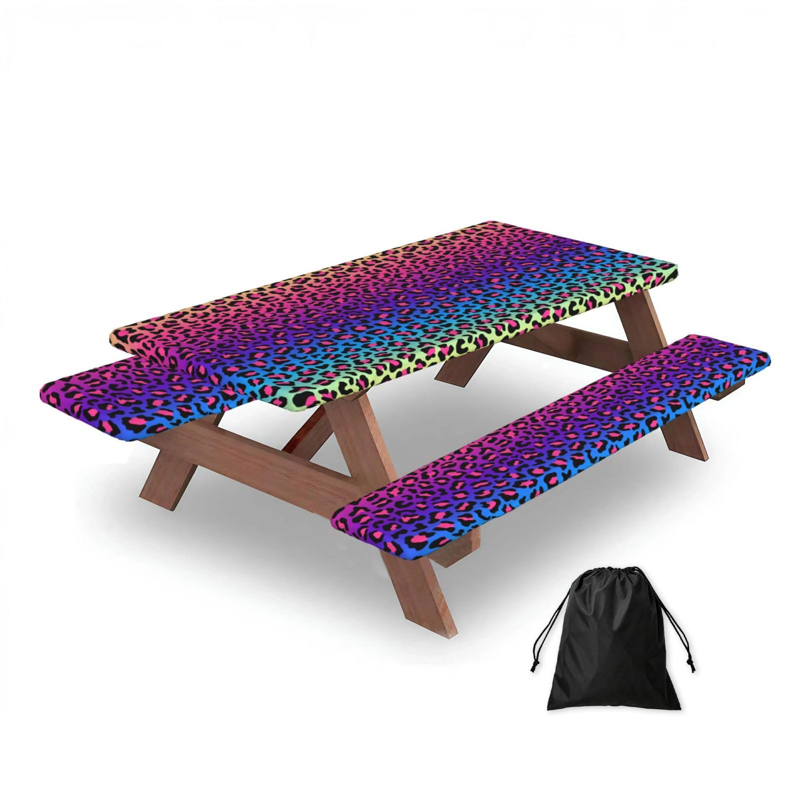 Neon Color Gradient Leopard Print, Picnic Table Cover With Bench Covers -Waterproof Elastic Fitted Tablecloth for Garden Camping Patio 76x152cm