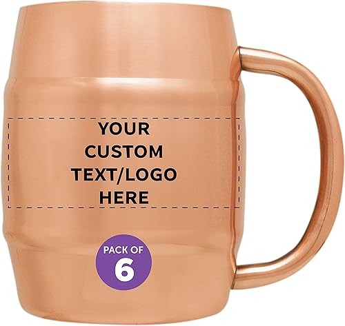 DISCOUNT PROMOS Taza de barril de acero inoxidable con revestimiento de cobre personalizado, 14 onzas, juego de 6, paquete personalizado a granel,
