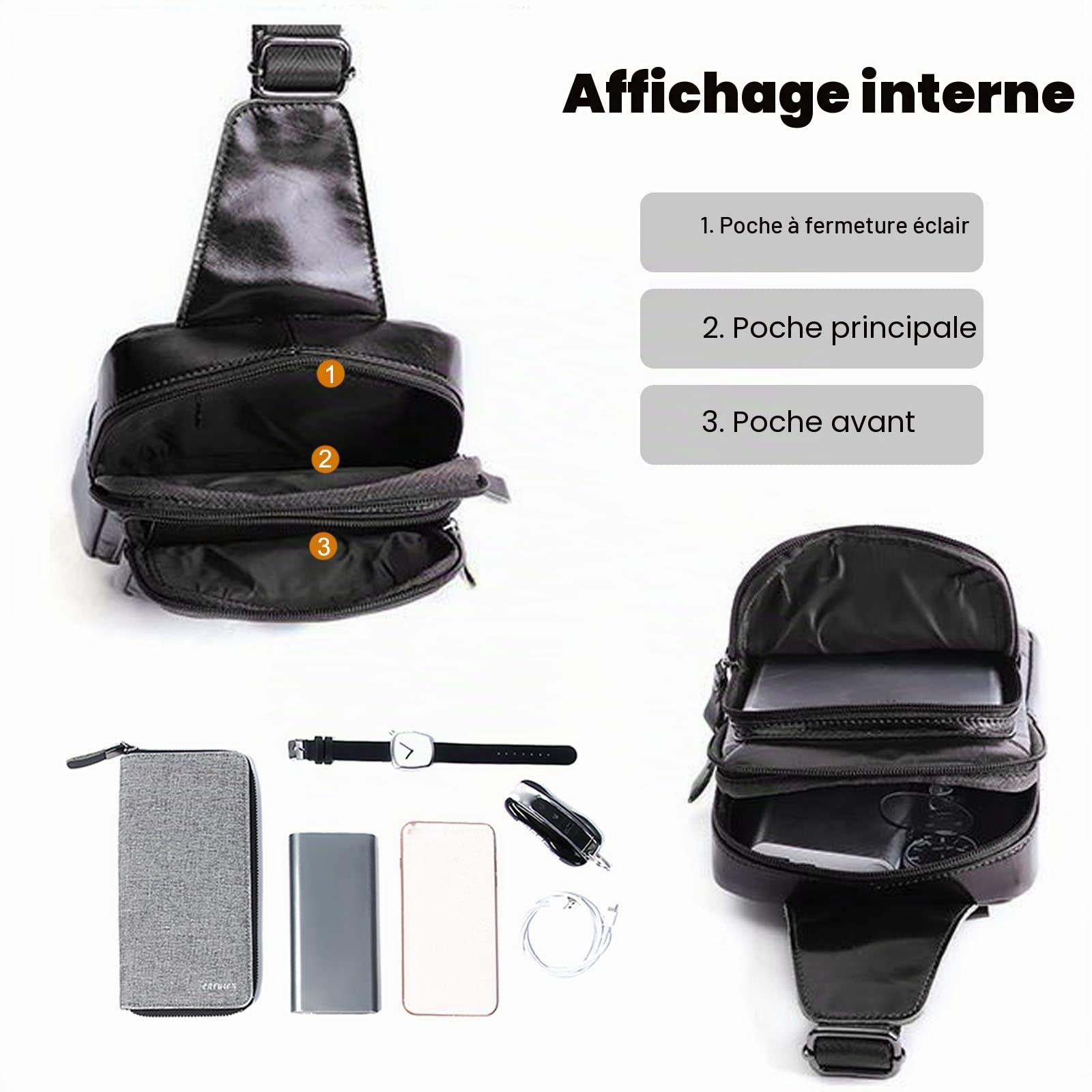 FANDARE Rétro Sac Poitrine en Cuir Homme Sac Bandoulière Randonnée Sacoche Sac Bandouliere Sac d'Epaule Sacoche pour Voyage Sports épaule Travers Cyclisme Moto Imperméable Sling Crossbody Bag Noir