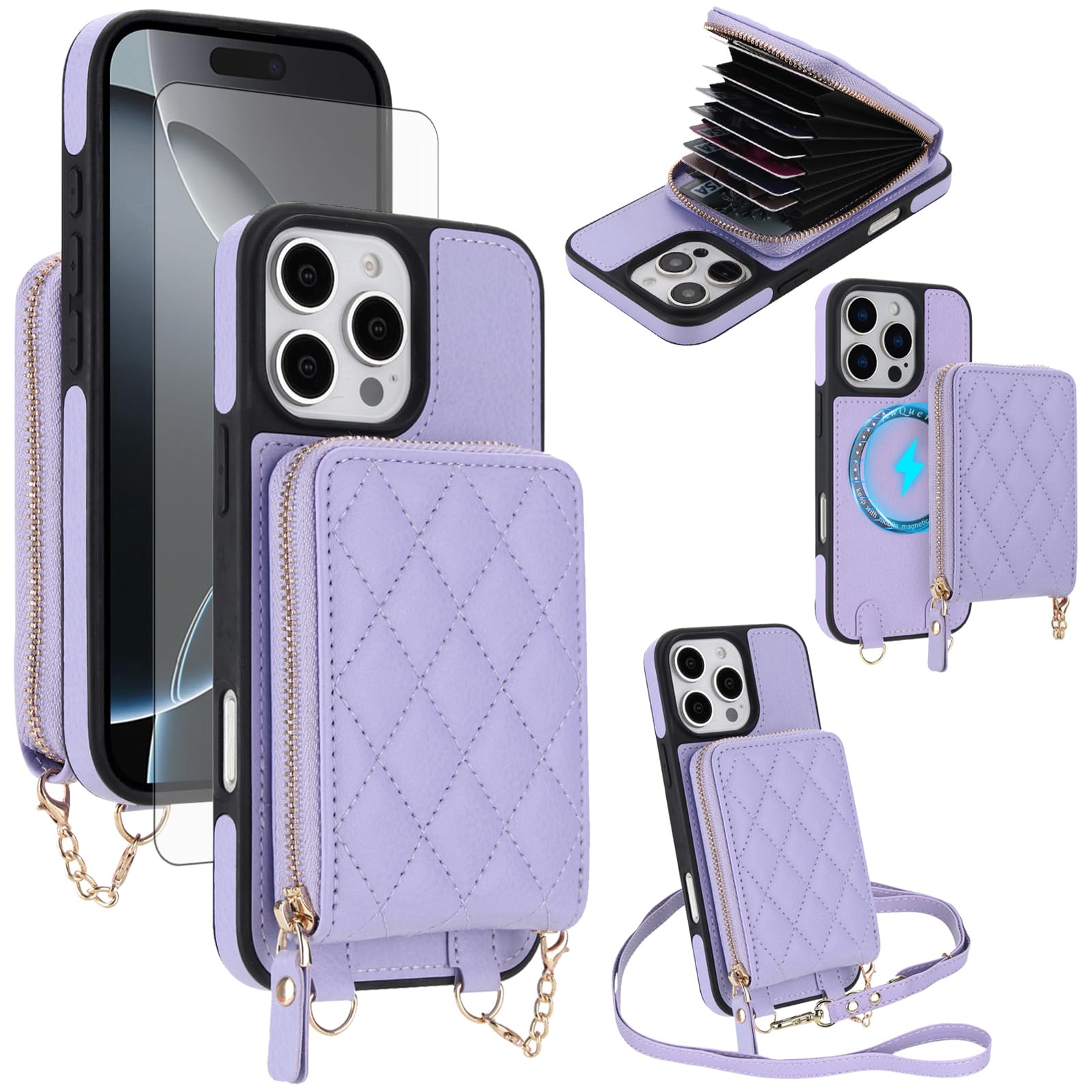Asuwish Funda para iPhone 16 Pro de 6.3 pulgadas 2 en 1 con cierre magnético, funda tipo cartera con protector de pantalla, correa cruzada para el hombro, bloqueo RFID, tarjetero para teléfono 16, i16