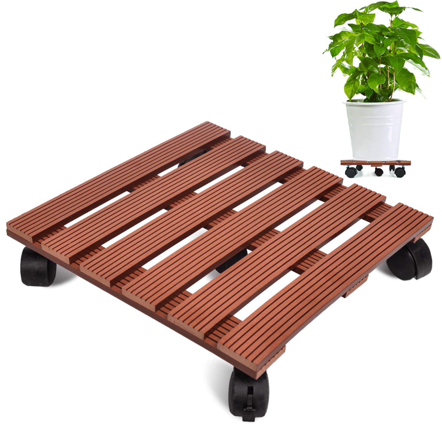 CERBIOR Plant Caddy Heavy Duty Plant Pot with Wheels Indoor Outdoor Strong and Sturdy Design, (14Inch Square, Merbau)