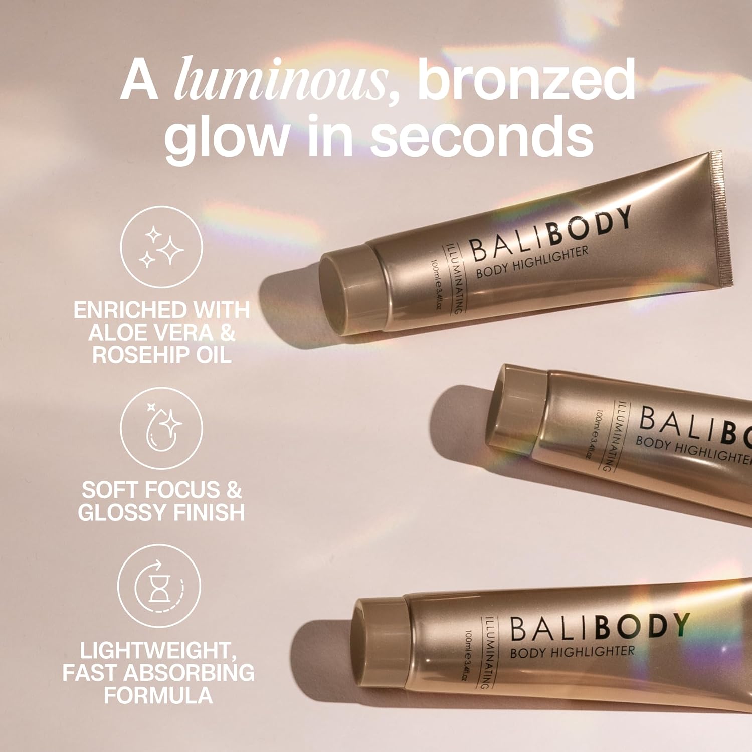 Bali Body Body Highlighter | Shimmering Luminizer, Hydrating Light Reflecting Technology | Flawless Finish for All Skin Types | Vegan, Cruelty Free, Australian Made (100 ml/3.4 fl oz) - Image 5