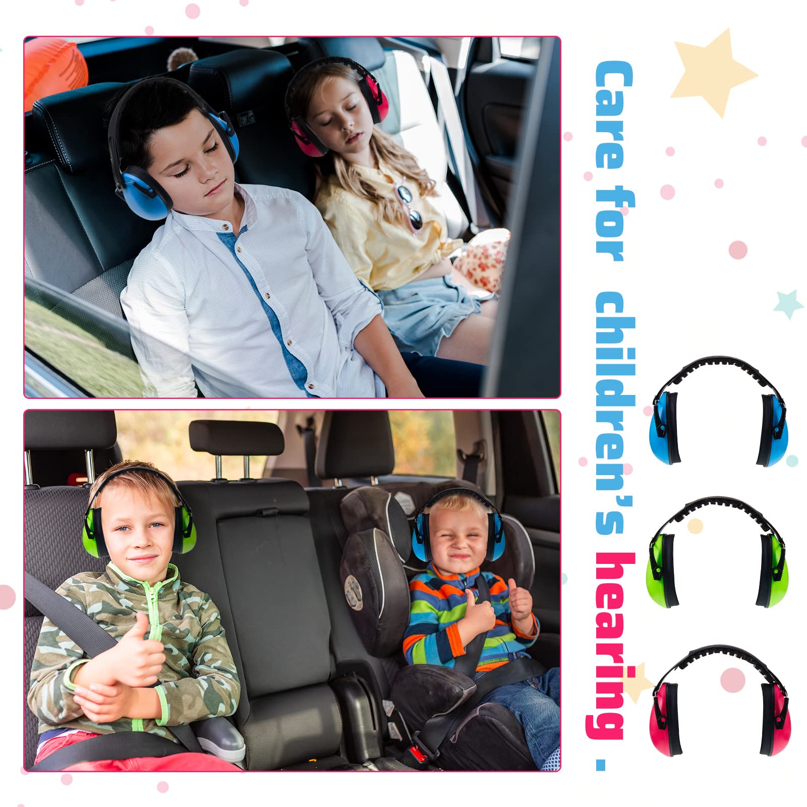 Amylove 6 Stück Kinder-Kopfhörer mit Geräuschunterdrückung, Ohrenschützer, 27 dB, verstellbarer Gehörschutz, Ohrenschützer, schalldicht, Ohrenschützer (grün, rosa, blau)