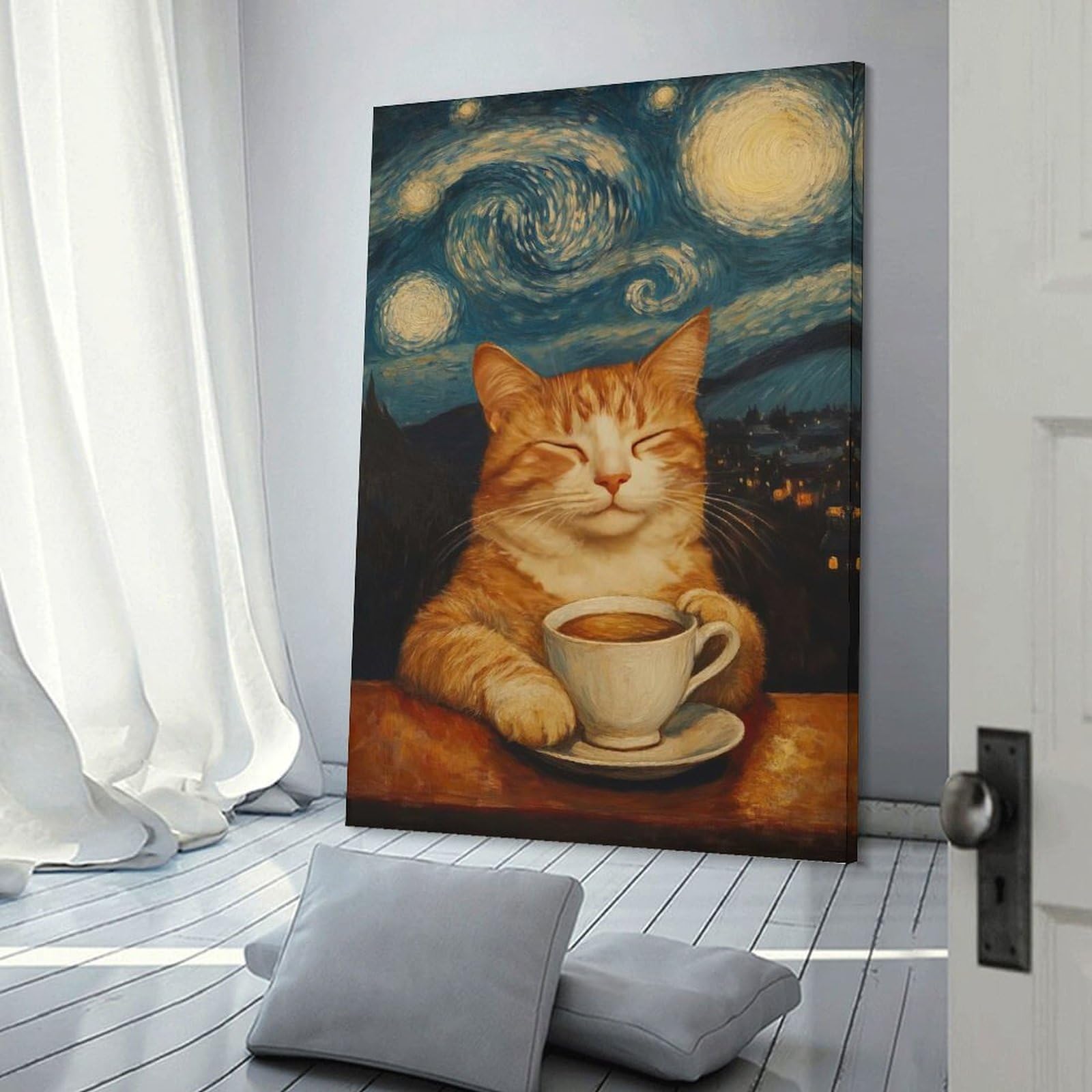 Junmoney Frame-Style-14 Cat In Starry Night Wall Decor Canvas Print, 16X24inch(40X60cm), For Wall Displays, Bedrooms Or Room Updates, Wall Decor Suited To Curated Displays