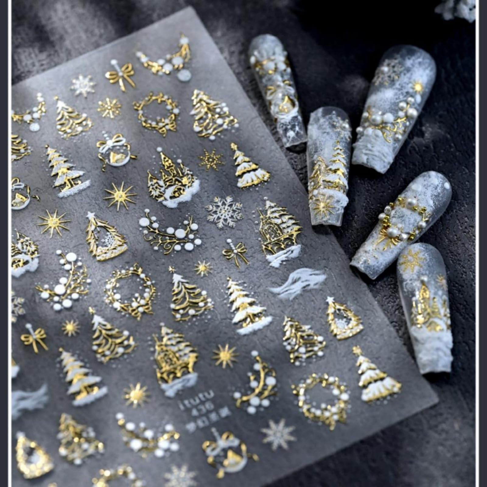 Gold Nail Stickers Christmas Nail Art Stickers Xmas Tree Nail Decals 5D Embossed Self Adhesive Nails Decals Garland Nails Sticker for Women Girls Manicure Decoration Accessories
