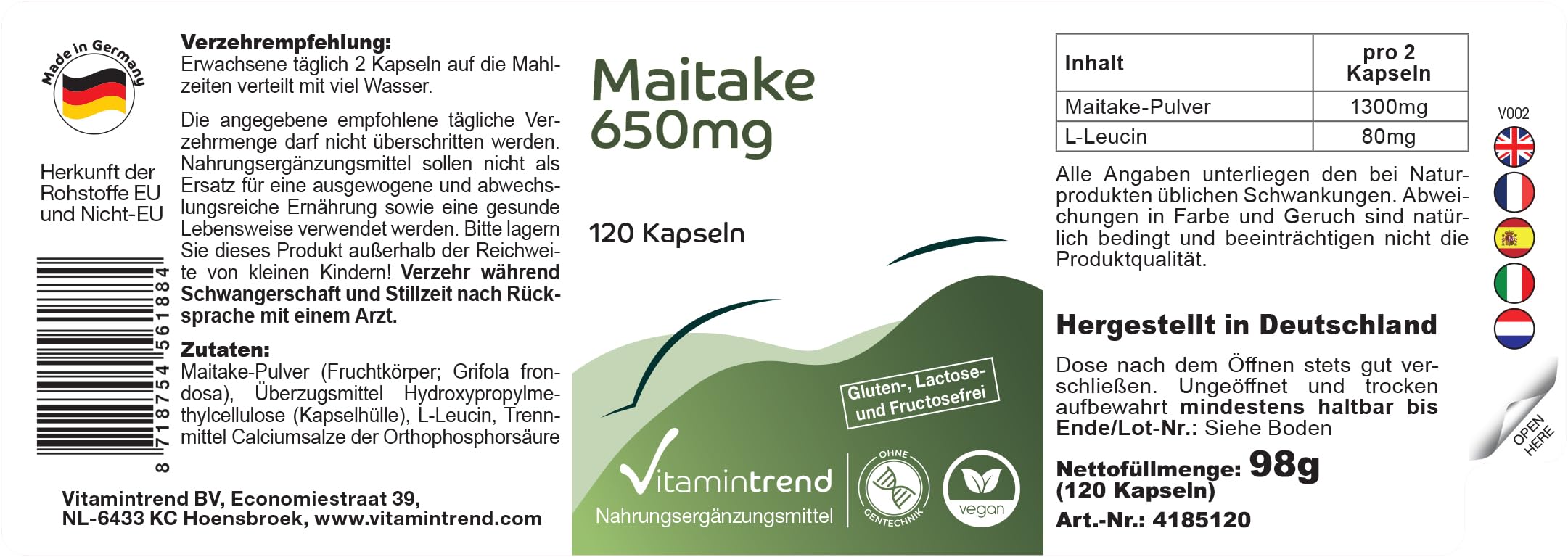 Vitamintrend Polvere di Maitake 650 mg, 120 capsule, ad alto dosaggio, adattogeno, integratore alimentare vegano senza stearato di magnesio, prodotto in Germania