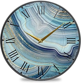 beeplus Blue Agate Marble Round Glass Wall Clock Non Ticking Decorative 11.9 Inch Decorative Clock Art for Bedroom Living Room Kitchen School