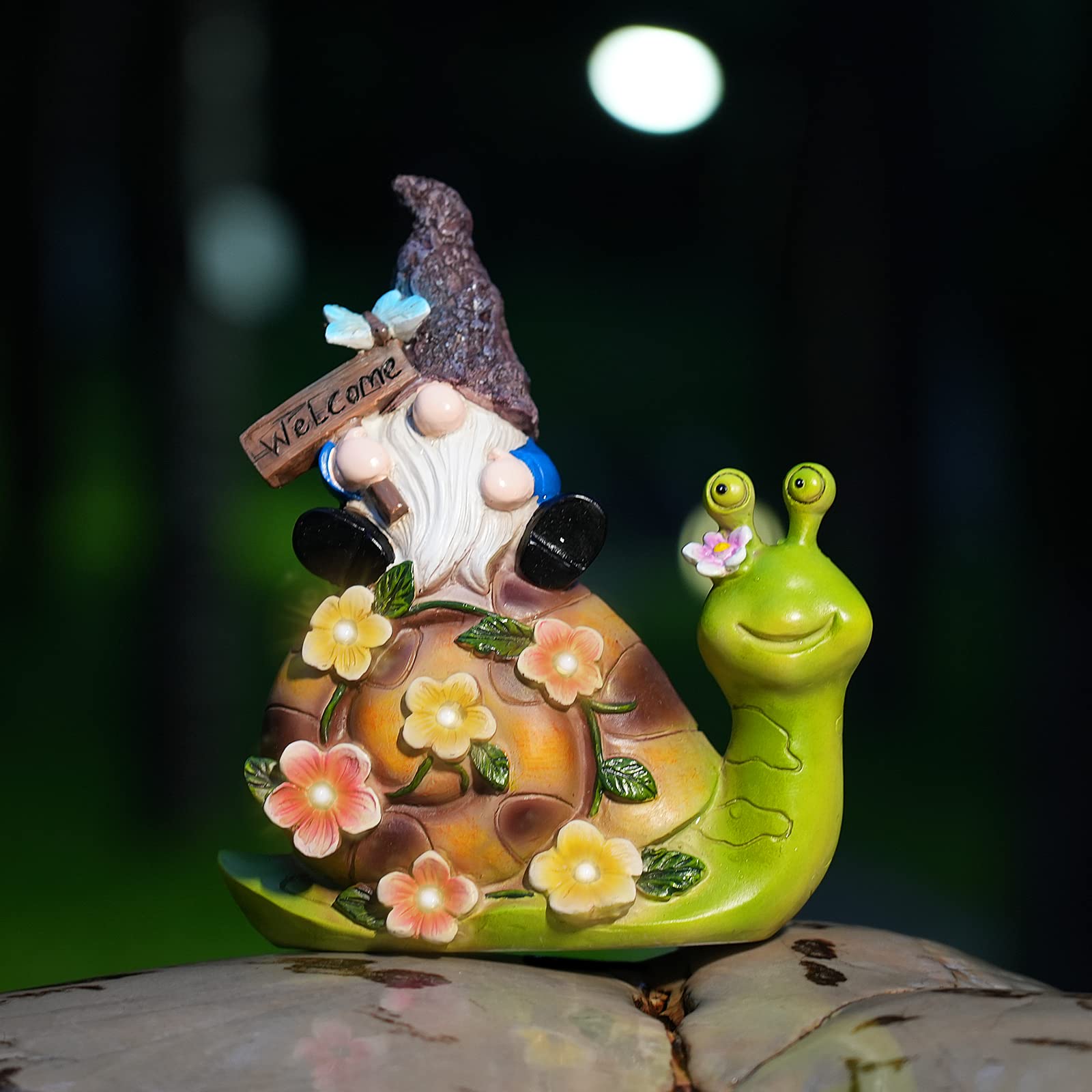 Photo 1 of *** POWERS ON *** YNGSAYC-POR Garden-Statues-Gnome-Figurine-Decorations - Garden Statue 7 Flowers with LED Lights - Outdoor Lawn Decor Garden Snails Statue for Patio, Balcony, Yard, Lawn Ornament - Unique Housewarming