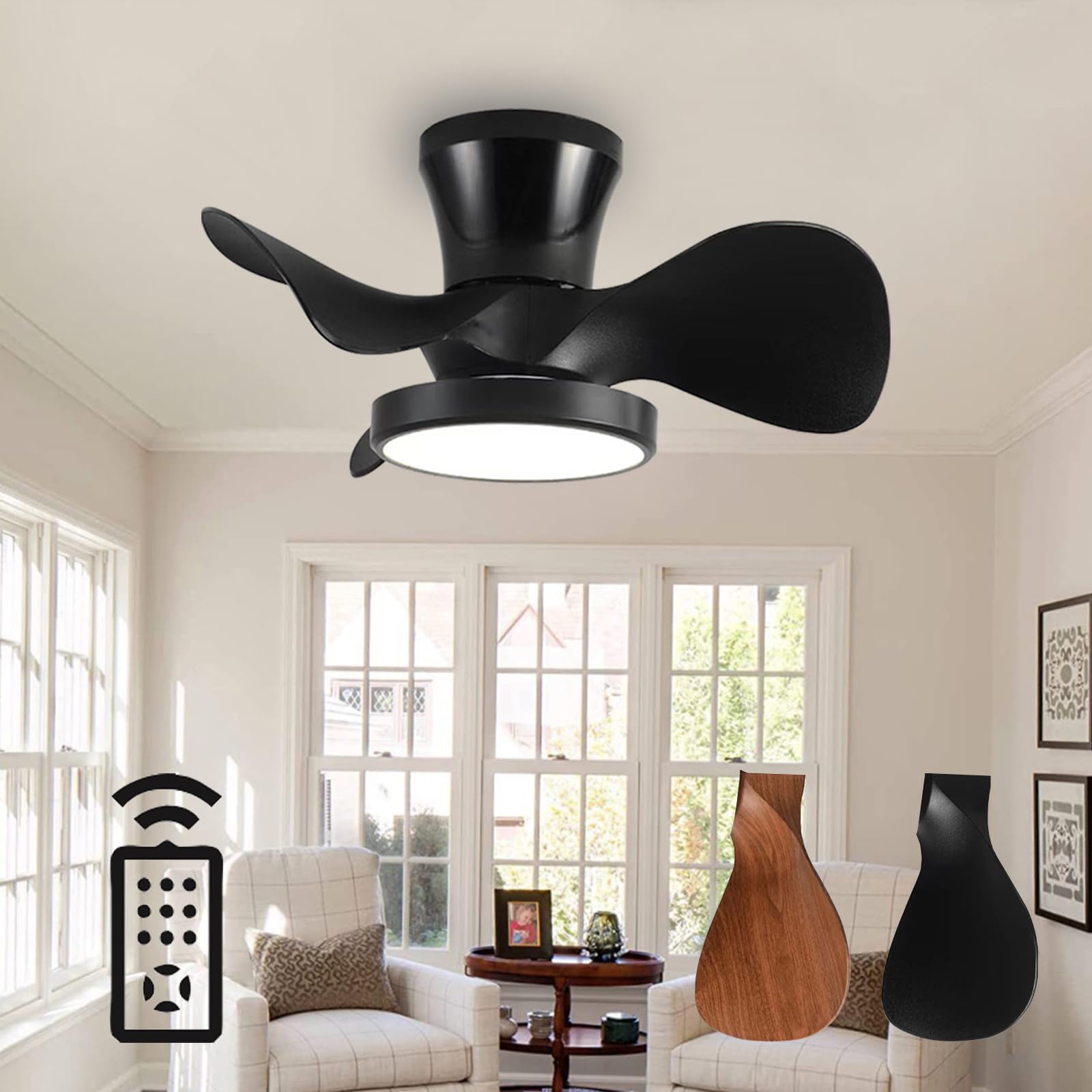 SXDMOUBK Black Ceiling Fan with Light Dimmable LED Remote Control Reversible Quiet DC Motor for Small Rooms Timer Function Modern Design Living Room & Bedroom