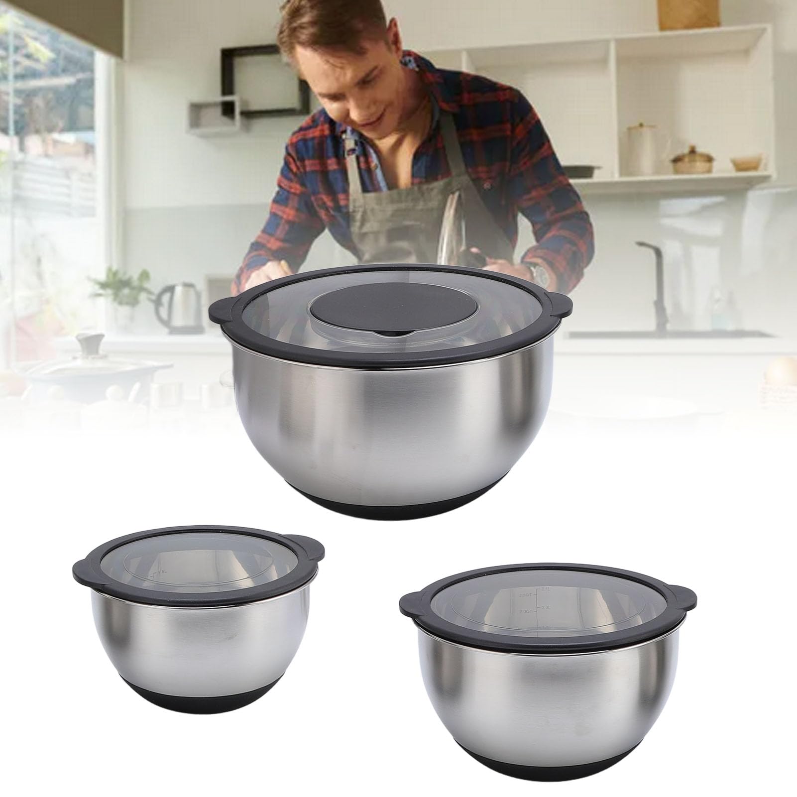 Edelstahl-Rührschüssel-Set mit Deckel, 3-teiliges Schüssel- und Reiben-Set Zum Backen, Salatmischen und Essenszubereiten, Inklusive 3 Reiben, Ideal für Kücheneffizienz