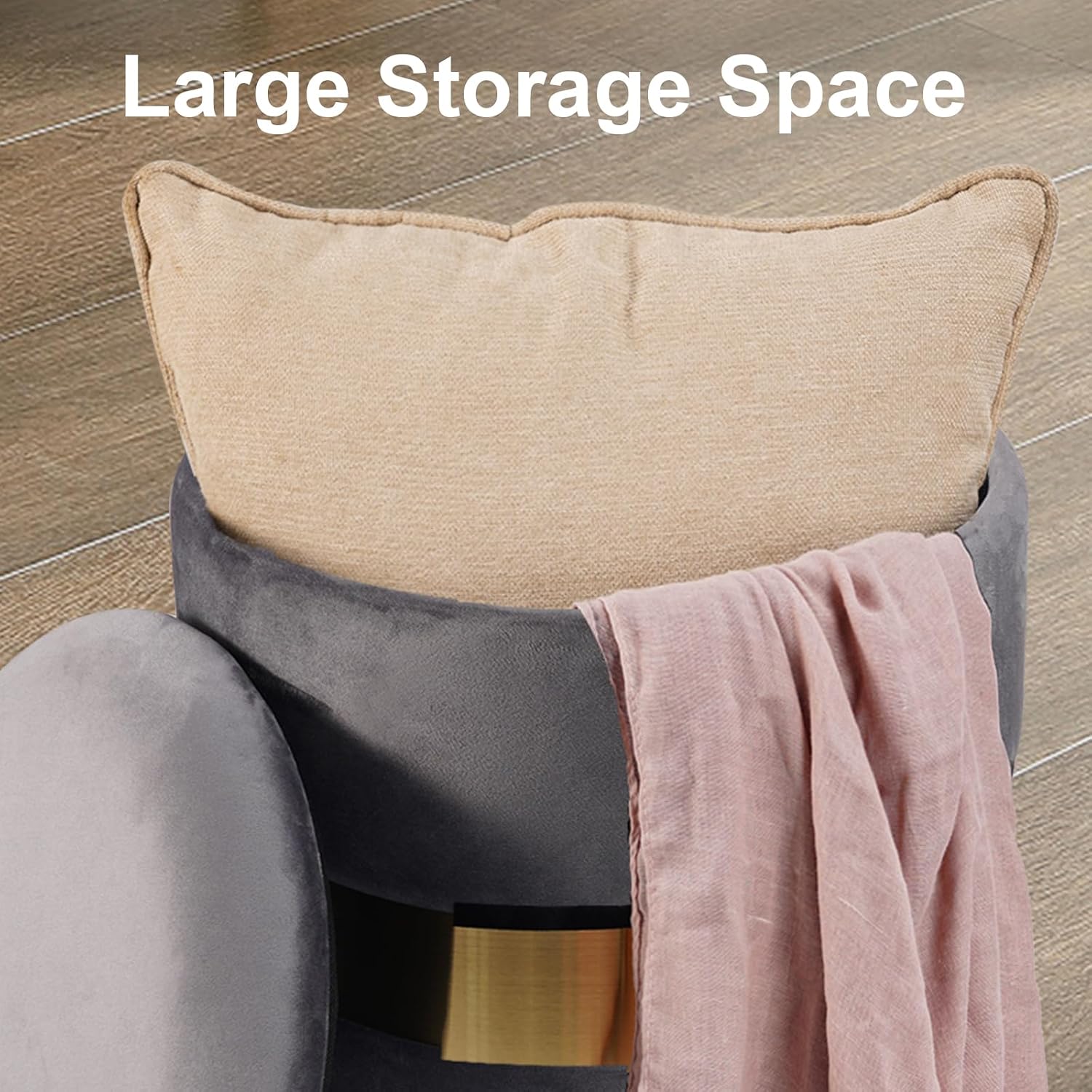 Round Velvet Storage Ottoman with Removable Lid Set of 2, Upholstered Footrest Stool with Gold Metal Hoop, Side Table Seat for Living Room, Makeup Vanity Stool for Bedroom (Middle-Band-Gray)
