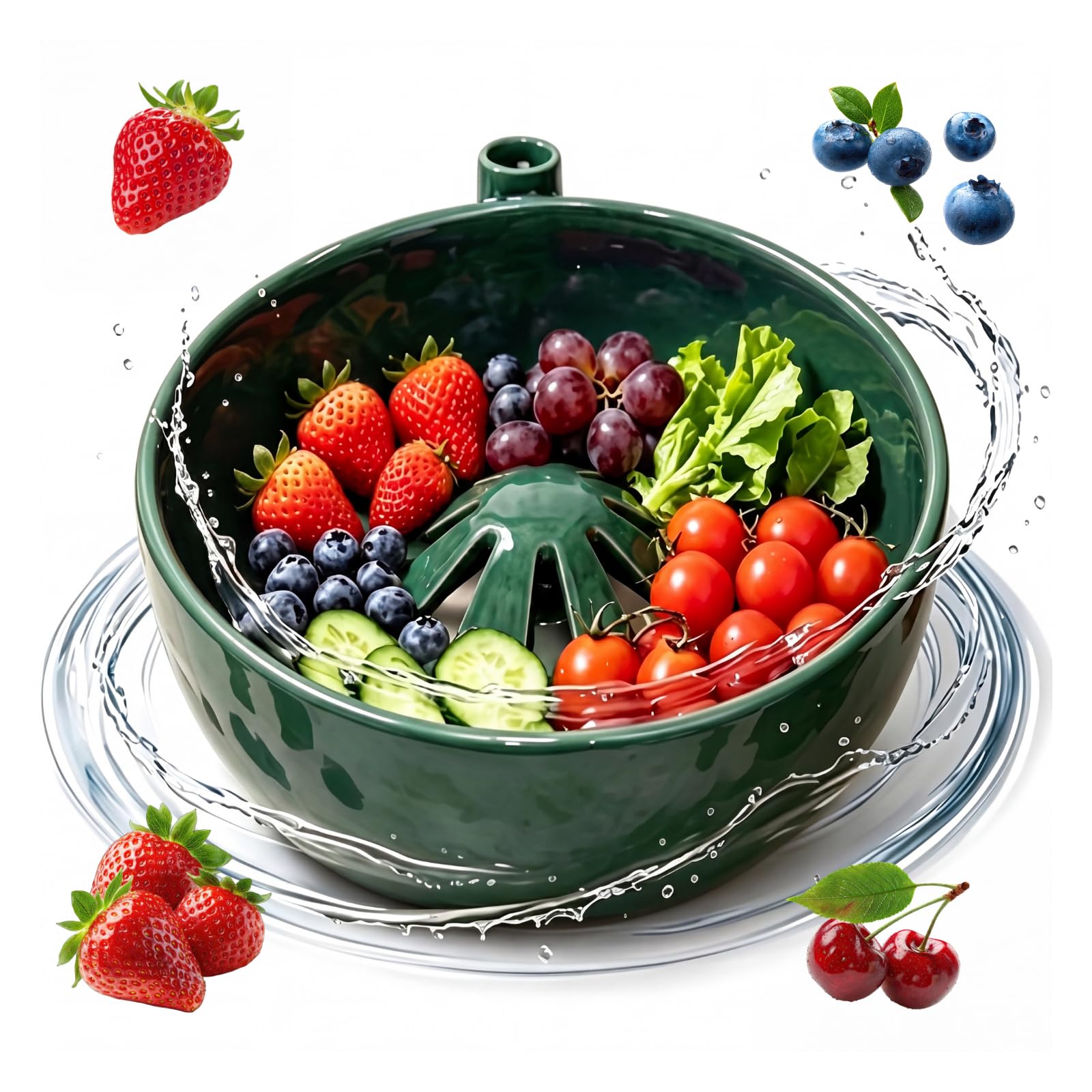 Self Spinning Berry Washing Bowl Ceramic, Swirling Berry Washing Bowl, Multipurpose Fruit and Vegetable Washer with Drain, Fruit Washer Spinner Bowl Quickly Wash for Kitchen Trawberries (1 pcs)