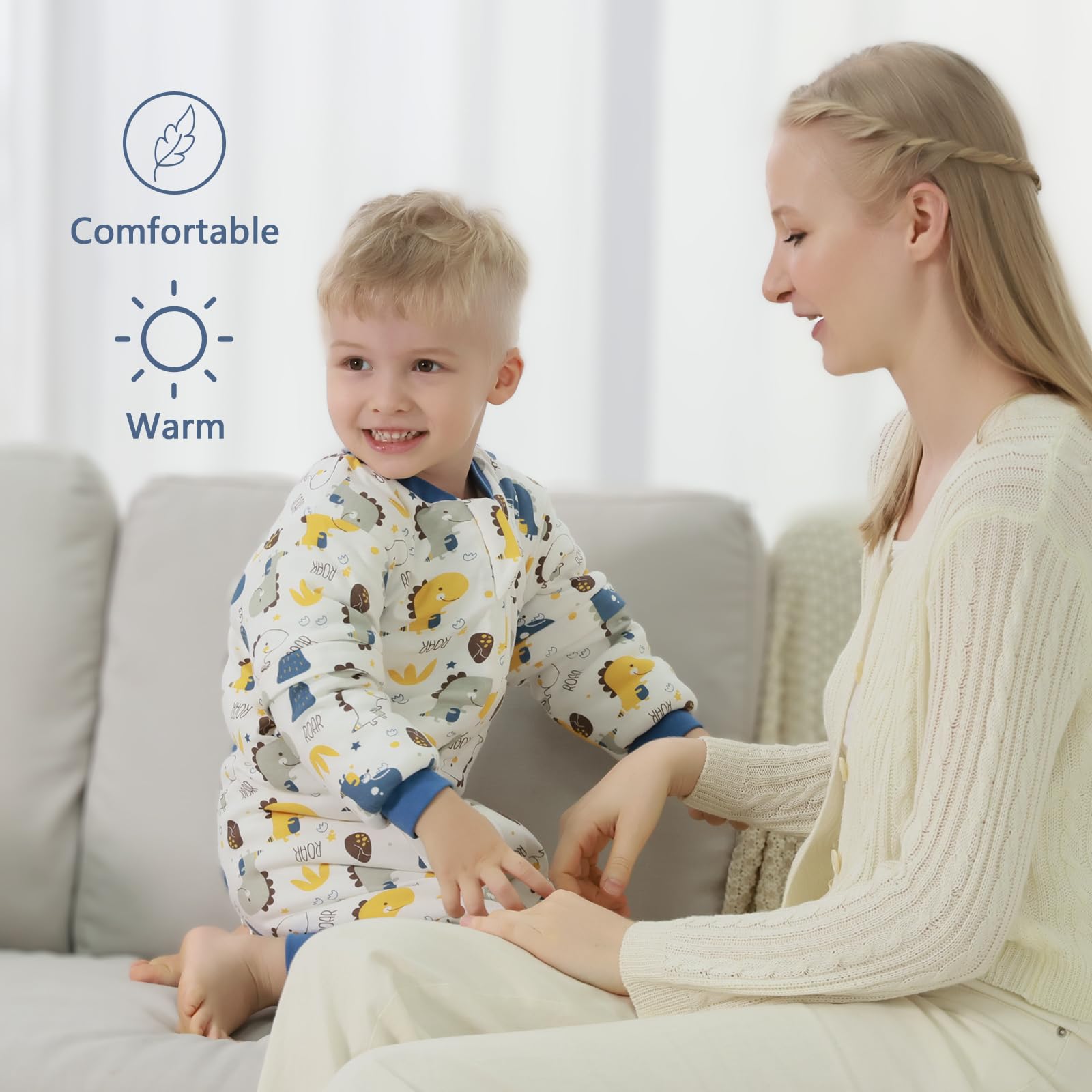 MIKAFEN Sacco nanna a maniche lunghe con piedi 3,5 tog invernale, per bambini - sacco nanna invernale con gambe - 100% cotone, Dinosauro (18-36 mesi)