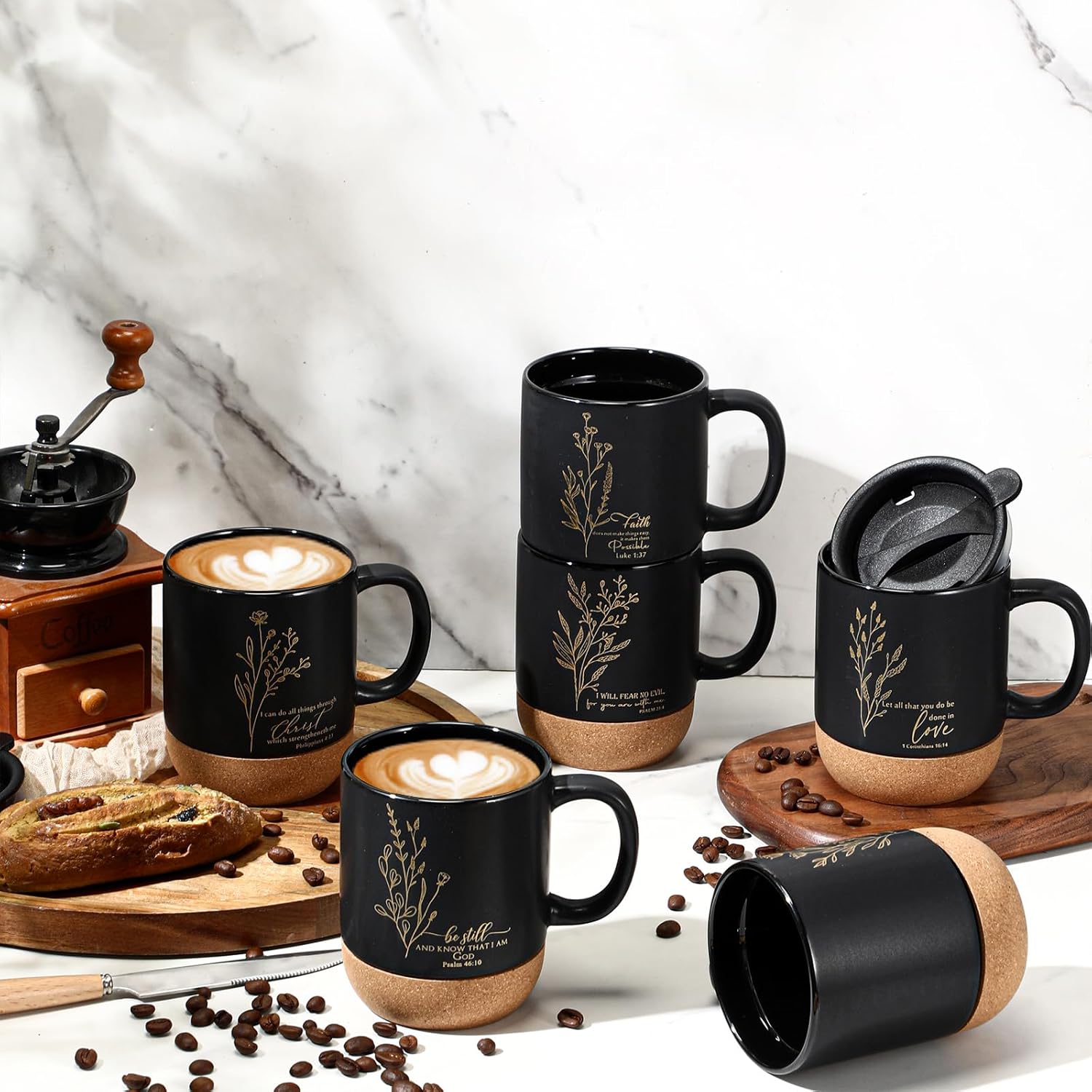 12 Pcs Christian Coffee Mugs 15 oz Religious Cup Cork Bottom Coffee Mug with Verse Employee Appreciation Gifts for Women Men Coworker Staff Office Easter Holiday Gift(Black,Flower) - Image 4