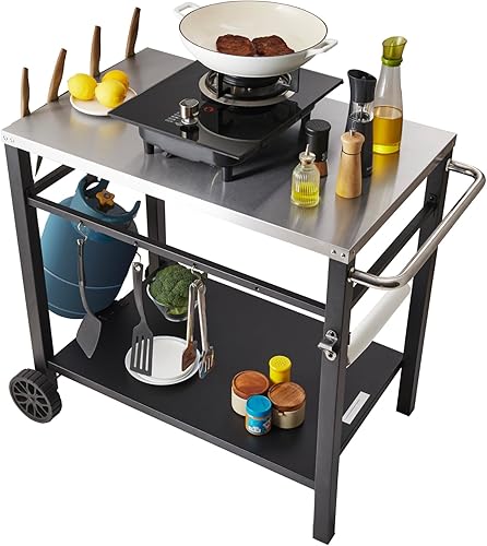 VEVOR Carrito de comedor para parrilla al aire libre con doble estante, mesa de preparación de alimentos movible para barbacoa, tablero de mesa