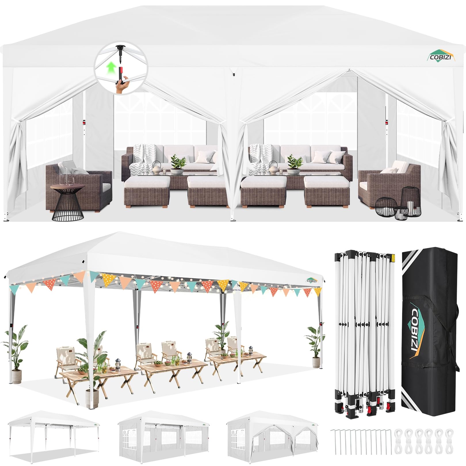 COBIZI Tonnelle Pliante 3x6 Imperméable, Barnum Pliant 3x6m, Pop Up Tente avec 6 Panneaux latéraux, Stable, Protection UV, Hauteur réglable, pour Plage, Mariage, Camping, Blanc