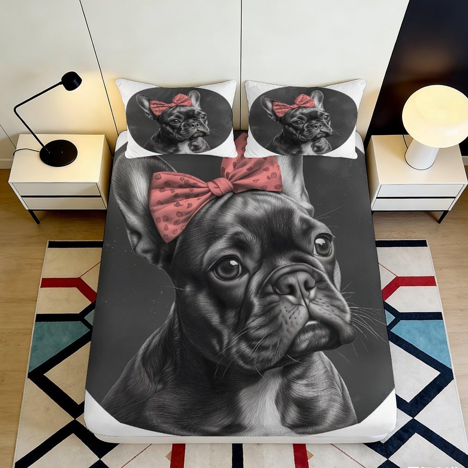 3D Printed French Bulldog with Red Bow Fitted Sheet Microfiber Soft Bed Cover for Bedroom Guest Room Mattress Decor 140x200x25cm
