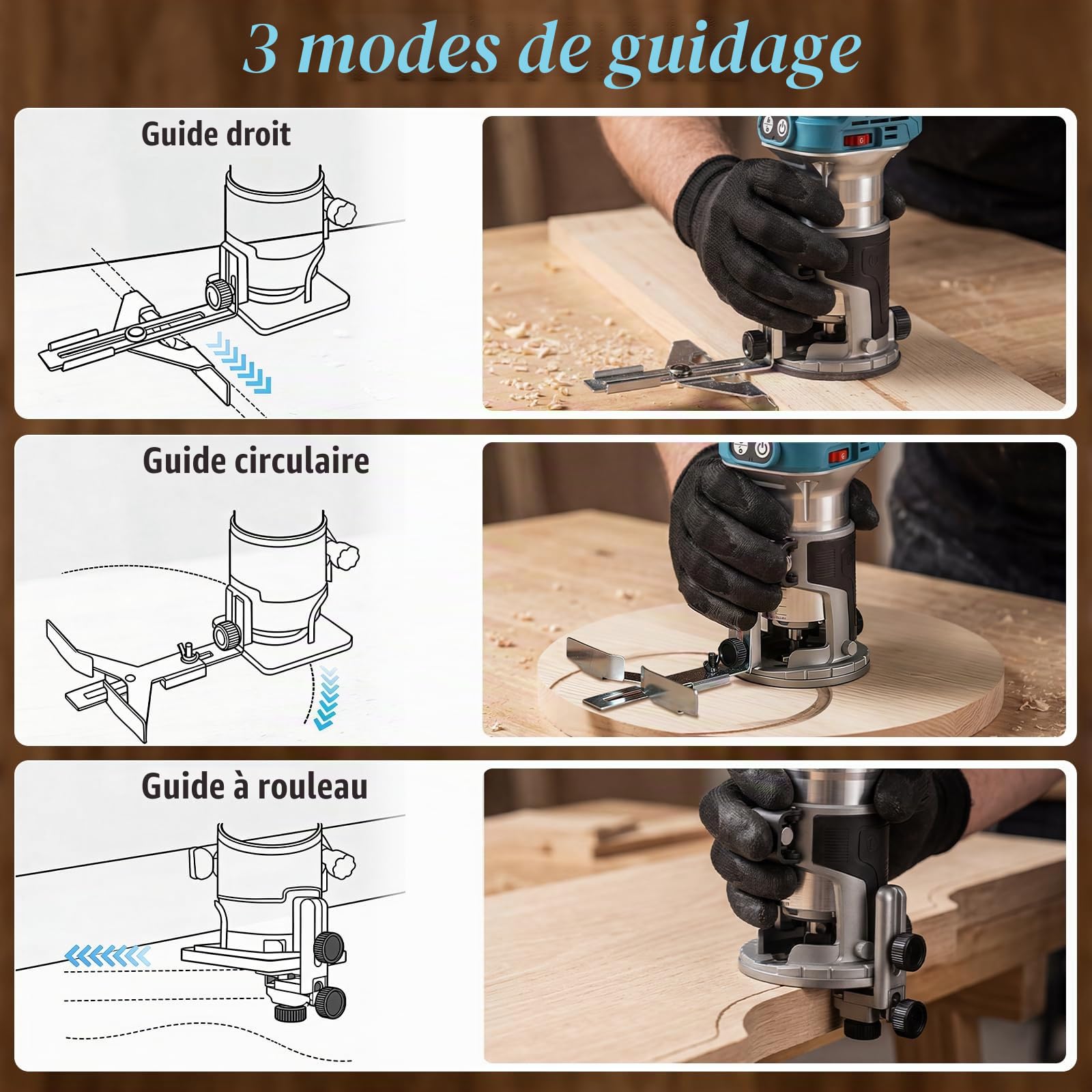Yofuly Défonceuse à Bois sans fil Compatible avec Batterie Makita 18V, 800W Brushless Affleureuse Électrique 6 Vitesses | 28000 tr/min avec 2 * 4,0Ah Batterie, 6 Pièces 1/4"(6,35mm) Fraises
