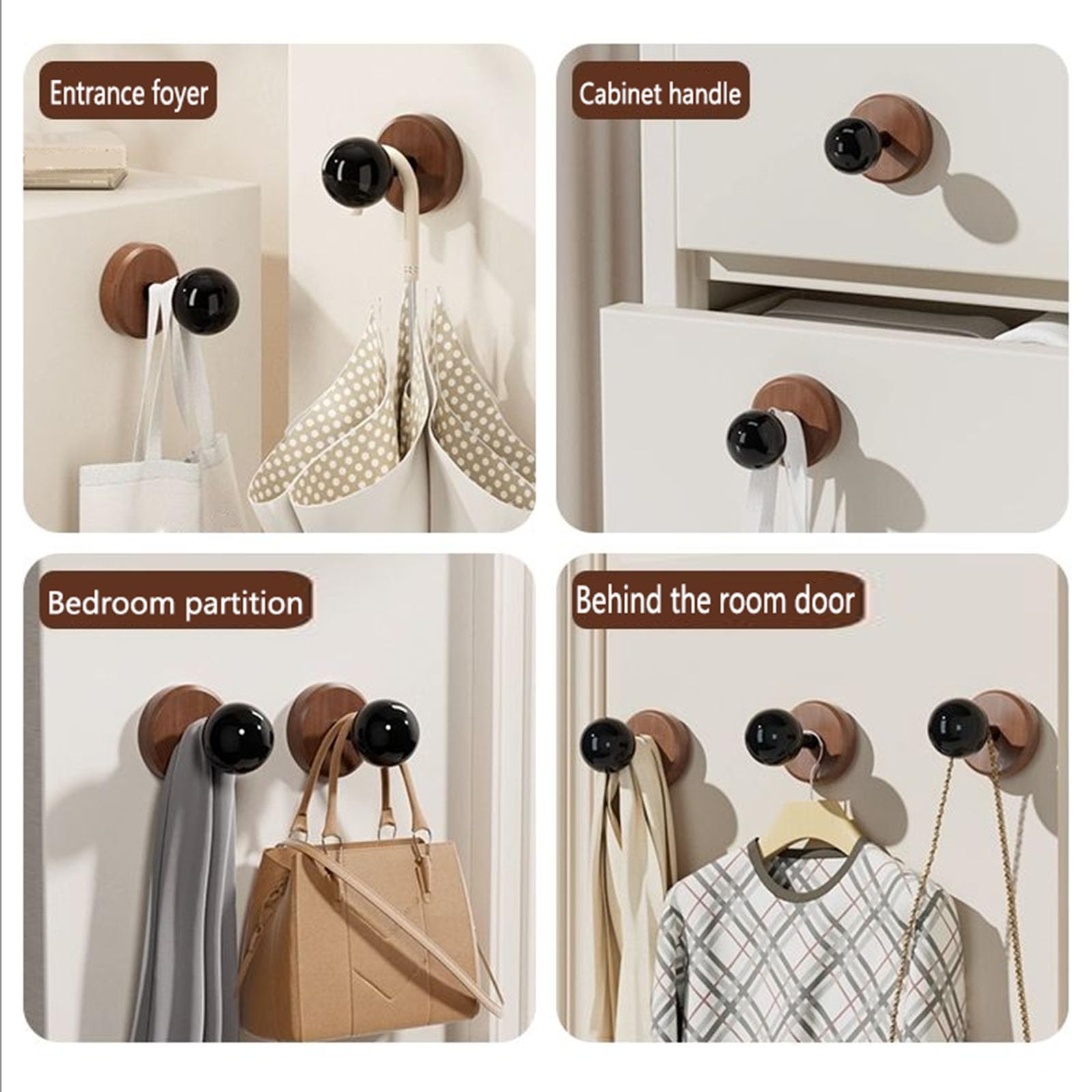 Gancho Adhesivo De Pared, Ganchos De Nogal, Ganchos De Madera para Abrigos De Cocina, Ganchos para Toallas, Ganchos Resistentes, Ganchos De Pared Adhesivos Brown,6Pack