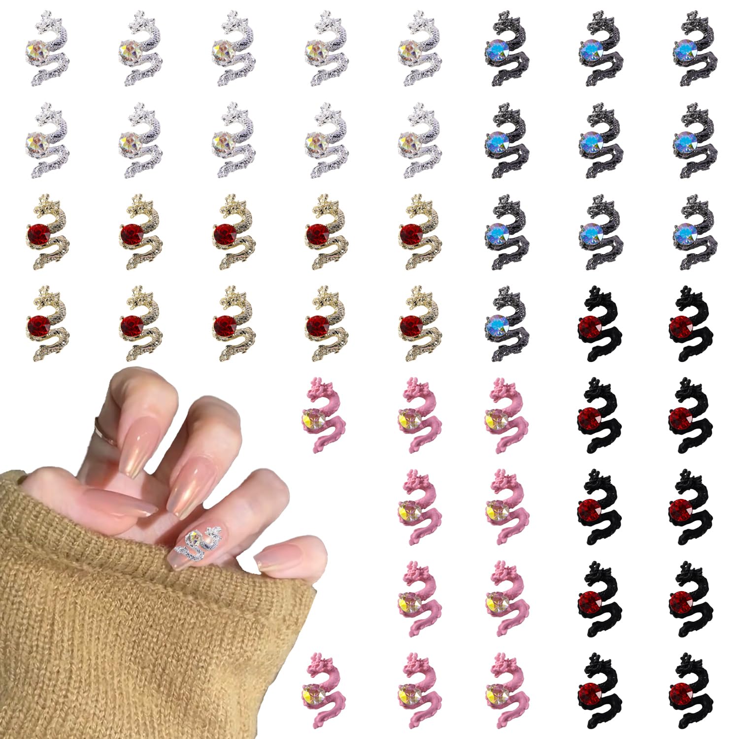 50pcs Multicolor Chinese Dragon Nail Art Charms with Rhinestones, New Year Nail Art Accessories, Nail Art Jewelry Gems