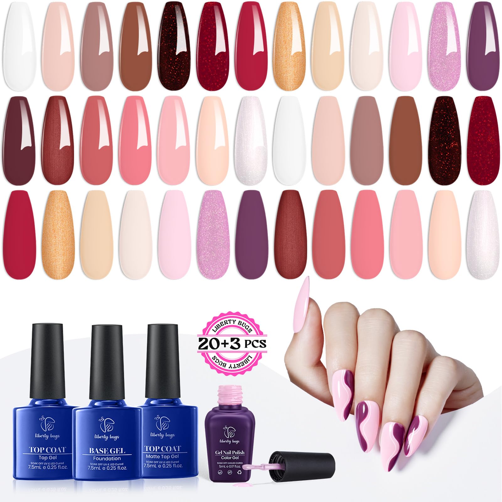 LIBERTY BUGS 23 Pcs Gel Nail Polish Set-20 Colors 5ml Nude Pastel Glitter Shades with 7.5ml Base & Top Coat No Wipe Matte Gel, Long-Lasting, Soak off, Home Salon UV Lamp Christmas Nails