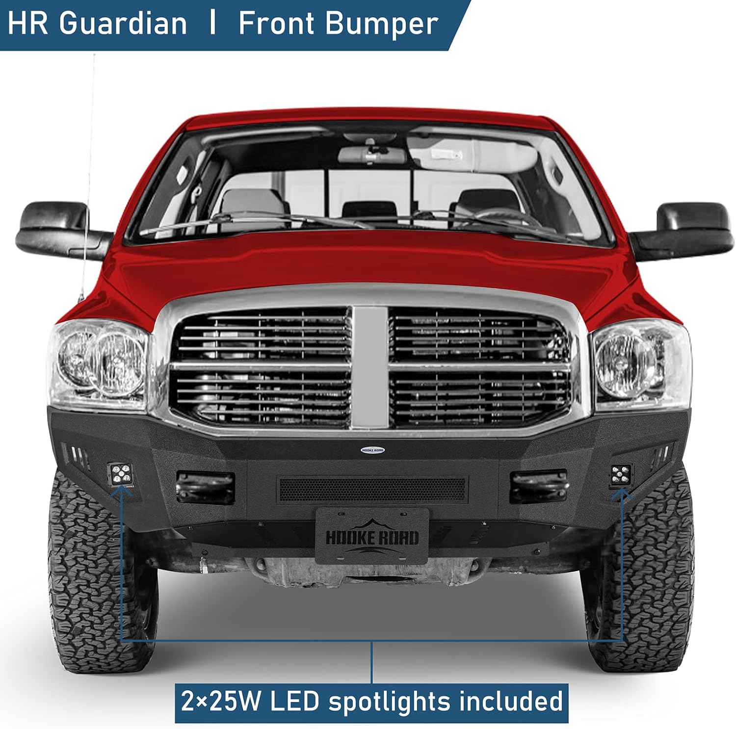 Hooke Road Ram Front and Rear Bumper Set for 2006 2007 2008 2009 Dodge Ram 2500 3500 Pickup, Steel Offroad Replacement Bumpers with Skid Plate, LED Lights, D-ring Mounts