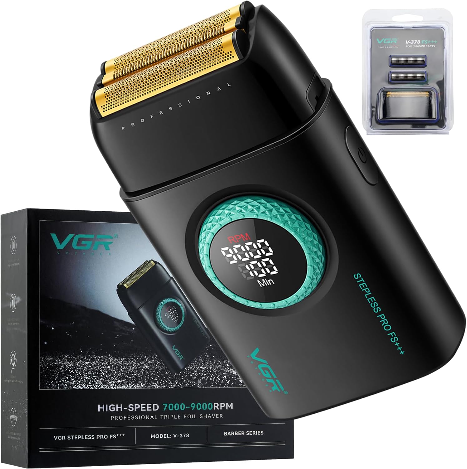 VGR 378 Electric Shavers for Men, Triple Floating Blade Foil Shaver Cordless Men's Electric Razor with Blade, 9000 RPM Motor Bald Shavers Titanium Foils with LED Display, Barber Supplies (Black)