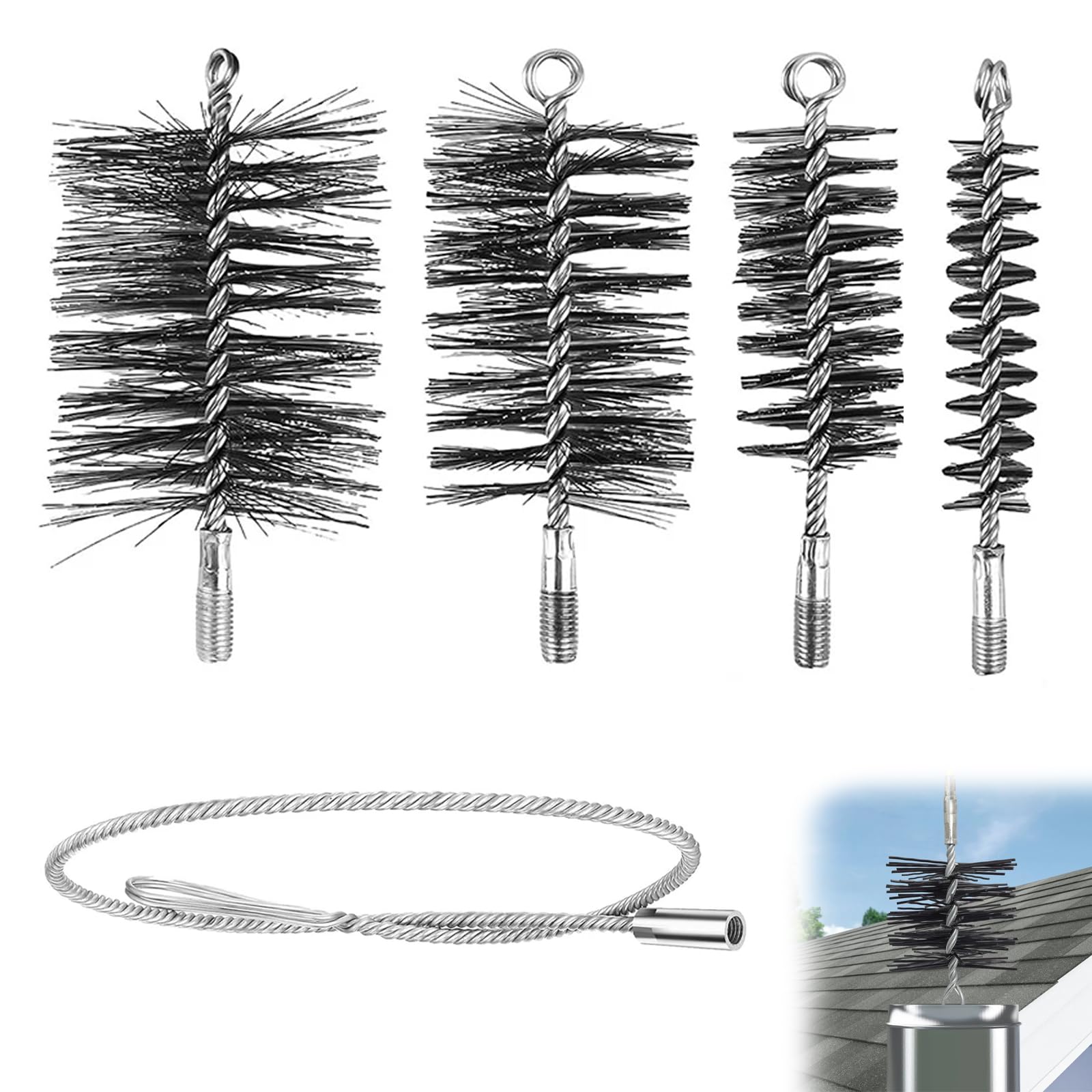 Lot de 4 brosses pour tuyau de poêle avec brosses de 30/50/80/150 mm, avec fil d'acier de 1 m et tige de poussée, balai de cheminée pour cheminée, tuyau de poêle et tuyau de fumée